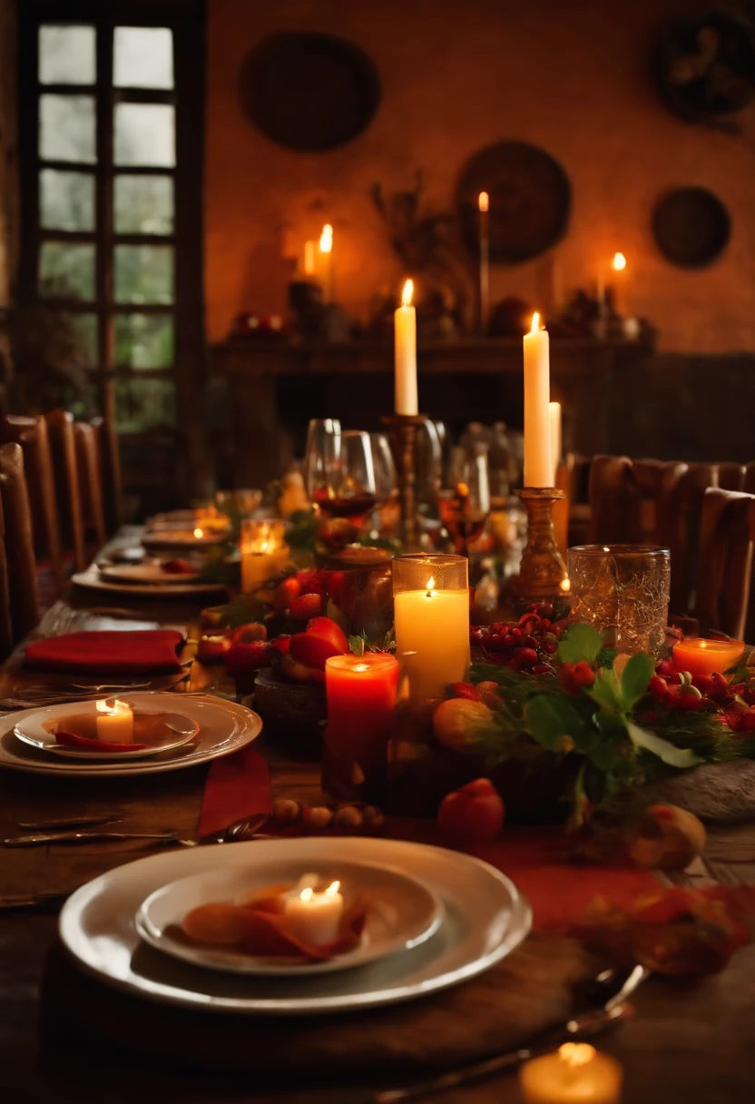 Cantina italiana, Rustic table, Free space in the middle, copos, velas e lareira ao fundo, utensilio pegador. Italia
