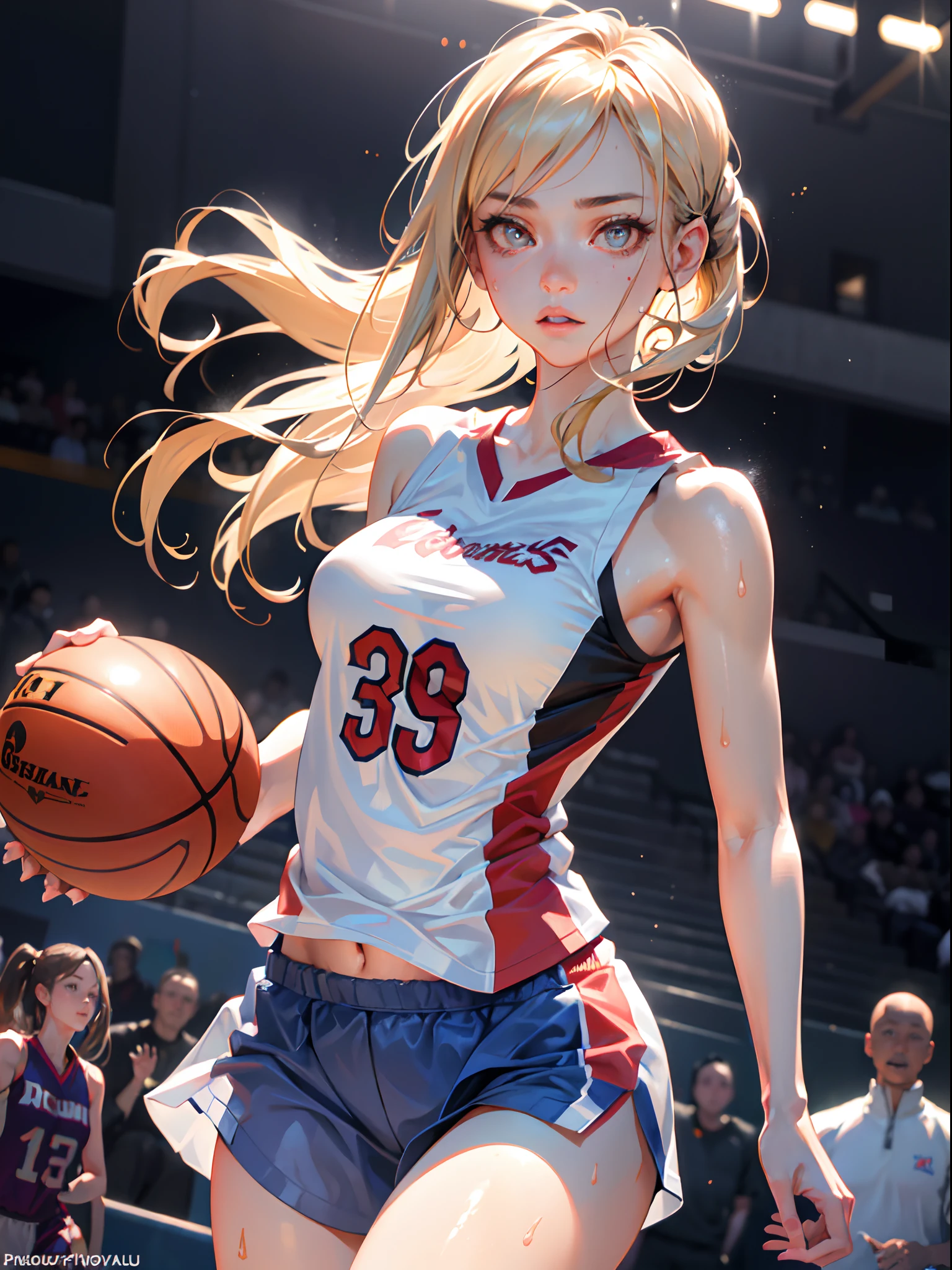 High quality, two-dimensional style, a girl, basketball, campus, white jersey, a basketball, facing the audience