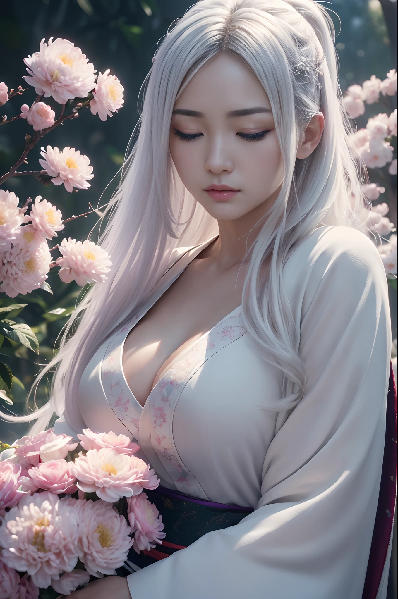 Traditional kimono with Japan eyes closed、Chrysanthemum、with floral pattern,Personification of the white snake,long white hair,Holding a dagger,sneering,Fluffy breasts(RAW shooting)、(hyper realstic、Top image quality)、8k、(realisitic、photoRealstic:1.3)、masterpiece、超A high resolution、Stunning big、((Beautiful 35 year old Japan:1.3)Crystal clear white skin,Close your eyes tightly,A sexy,Natural soft light、(film grains、FujifilmXT3、8k uhd、Digital SLR、lens)、Hollywood lips、Wide jawline、wide lips、narrow beautiful nose、movie、(Up to 8K resolution for photos、complexly detailed、Convoluted、elegent、Expansiveness、Fantastical)、ultra-detailliert、Insane details、Beautifully color graded、unrealengine、The degree of freedom、Hyper-Resolution、Megapixel、cinematic lightening、Anti-aliasing、FKAA、TXAA、RTX、SSAO、Post-processing、Post Production、tonemapping、CGI、VFX、SFX、Insanely detailed and interesting、Hyper maximalist、hyper realstic、Volumetric、ultra photoreal、ultra -detail、intricate detailes、ultra -detail、fulcolor、Volume Lightning、HDR、reallistic、unrealengine、16K、Foconitide、octan render