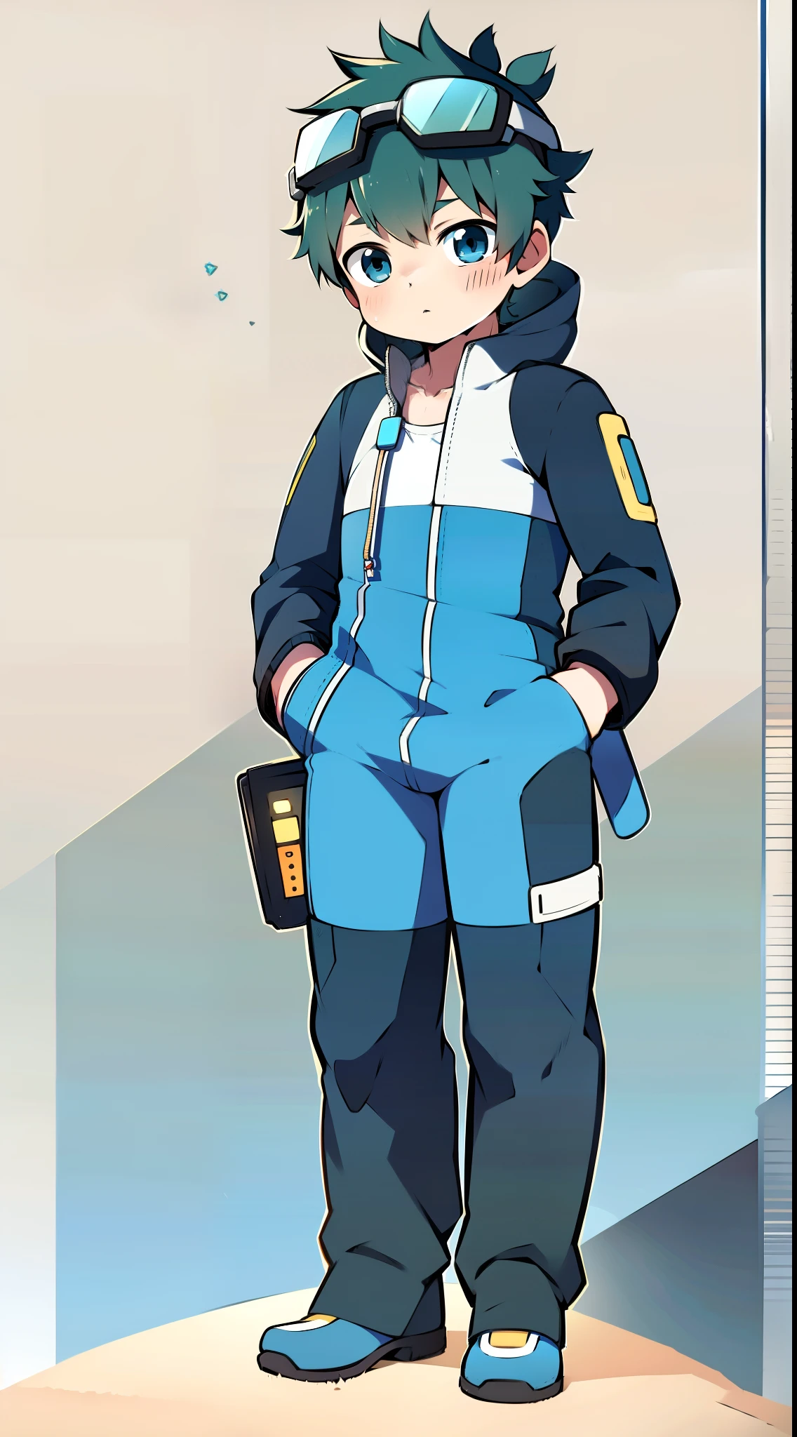 Two-dimensional boy Shota，One-piece hiking suit，headset on head，adolable，standing on your feet，Protective goggles，rabbitears