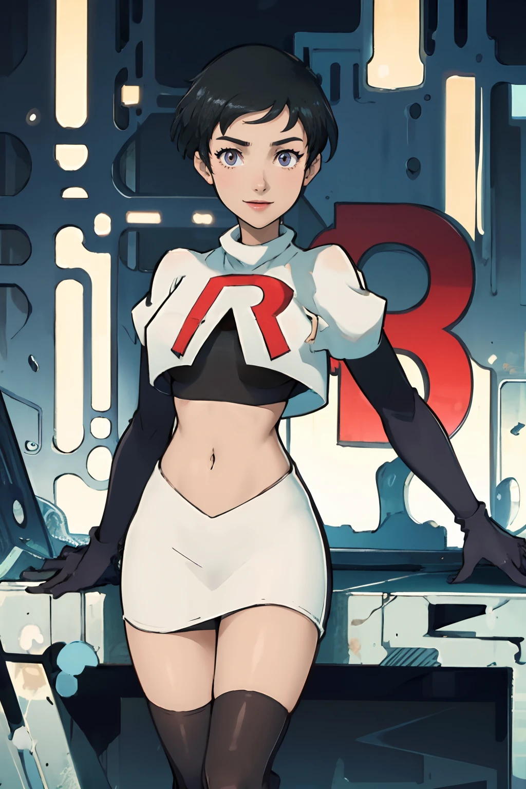 lois lane (my adventures with superman), team rocket,team rocket uniform, red letter R, white skirt,white crop top,black thigh-highs,black elbow gloves, smile