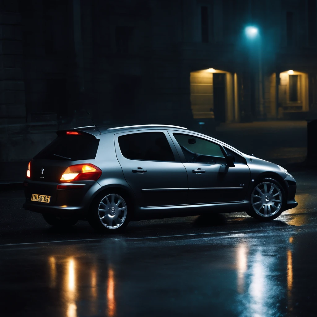 A Peugeot 307 in metallic grey colour with light modifications in the style of the back to the future dedorean with dark wheels, Conduire en ville, pluie, Nuit, Neon