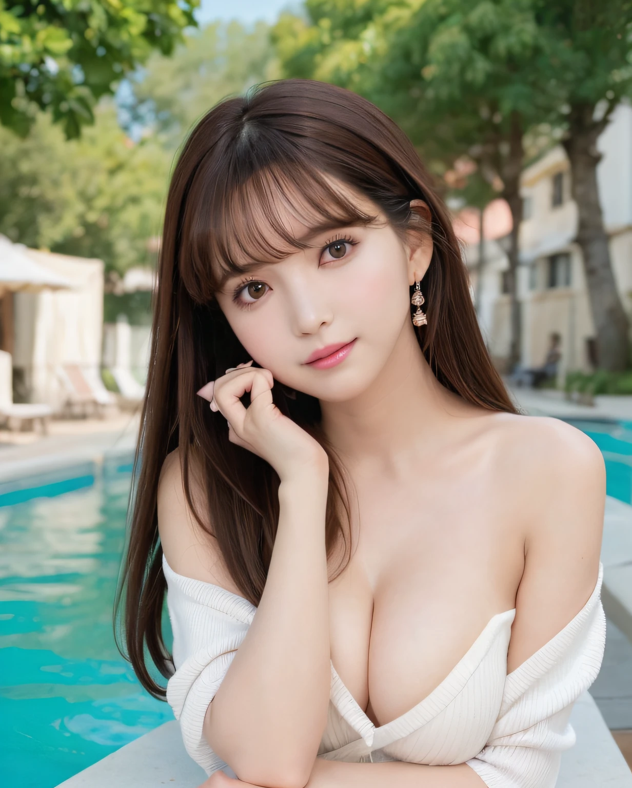 pureerosface_v1, best quality, photorealistic, 8k, high res, 1girl, woman, (skindentation), (portrait:0.6), gorgeous, dynamicpose, ((poolsidebackground:1.6)), coconut tree, ((mediumsize roundbreast, white highnecksweater:1.4)), straight-looking at viewer:1.8, (1girl eyes looking at viewer, medium-length hair, brownhair, partedbangs:1.65), (bokeh), (closed mouth:1.46),