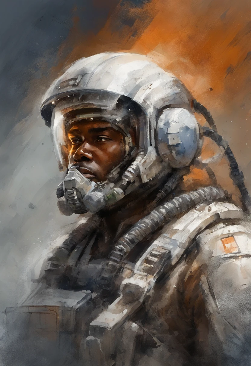 mech pilot, male, dark skin, white hair, tired, rule of thirds, high quality background, ultra detailed scenery, ultra sharp focus, perfect professional photo
