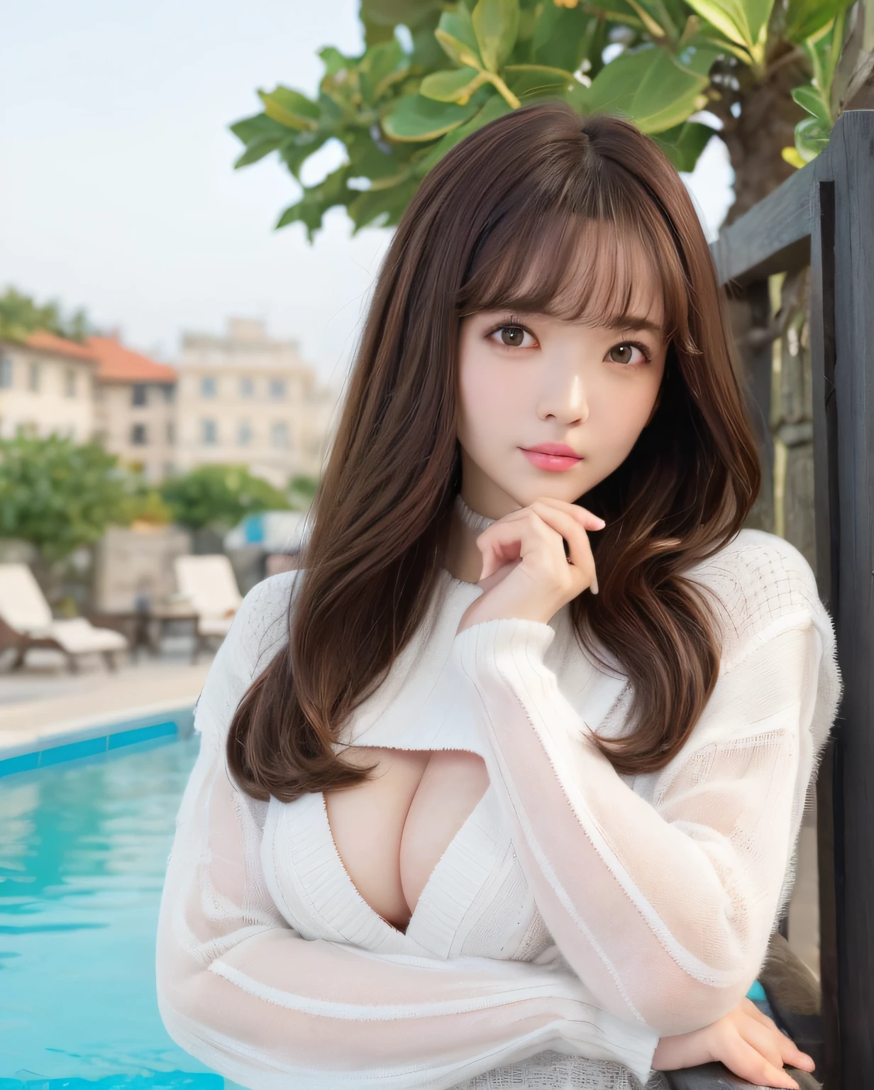 pureerosface_v1, best quality, photorealistic, 8k, high res, 1girl, woman, (skindentation), (portrait:0.6), gorgeous, dynamicpose, ((poolsidebackground:1.6)), coconut tree, ((mediumsize roundbreast, white highnecksweater:1.4)), straight-looking at viewer:1.8, (1girl eyes looking at viewer, medium-length hair, brownhair, partedbangs:1.65), (bokeh), (closed mouth:1.46),