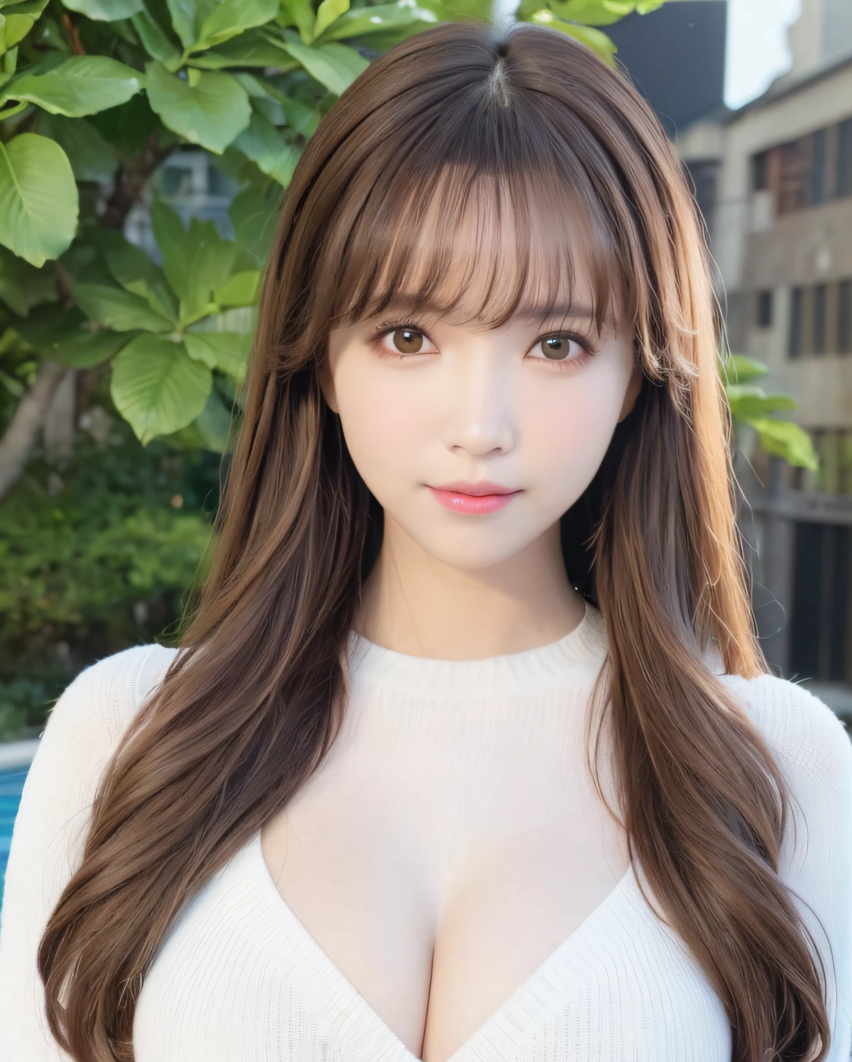 pureerosface_v1, best quality, photorealistic, 8k, high res, 1girl, woman, (skindentation), (portrait:0.6), gorgeous, dynamicpose, ((poolsidebackground:1.6)), coconut tree, ((mediumsize roundbreast, white highnecksweater:1.4)), straight-looking at viewer:1.8, (1girl eyes looking at viewer, medium-length hair, brownhair, partedbangs:1.65), (bokeh), (closed mouth:1.46),