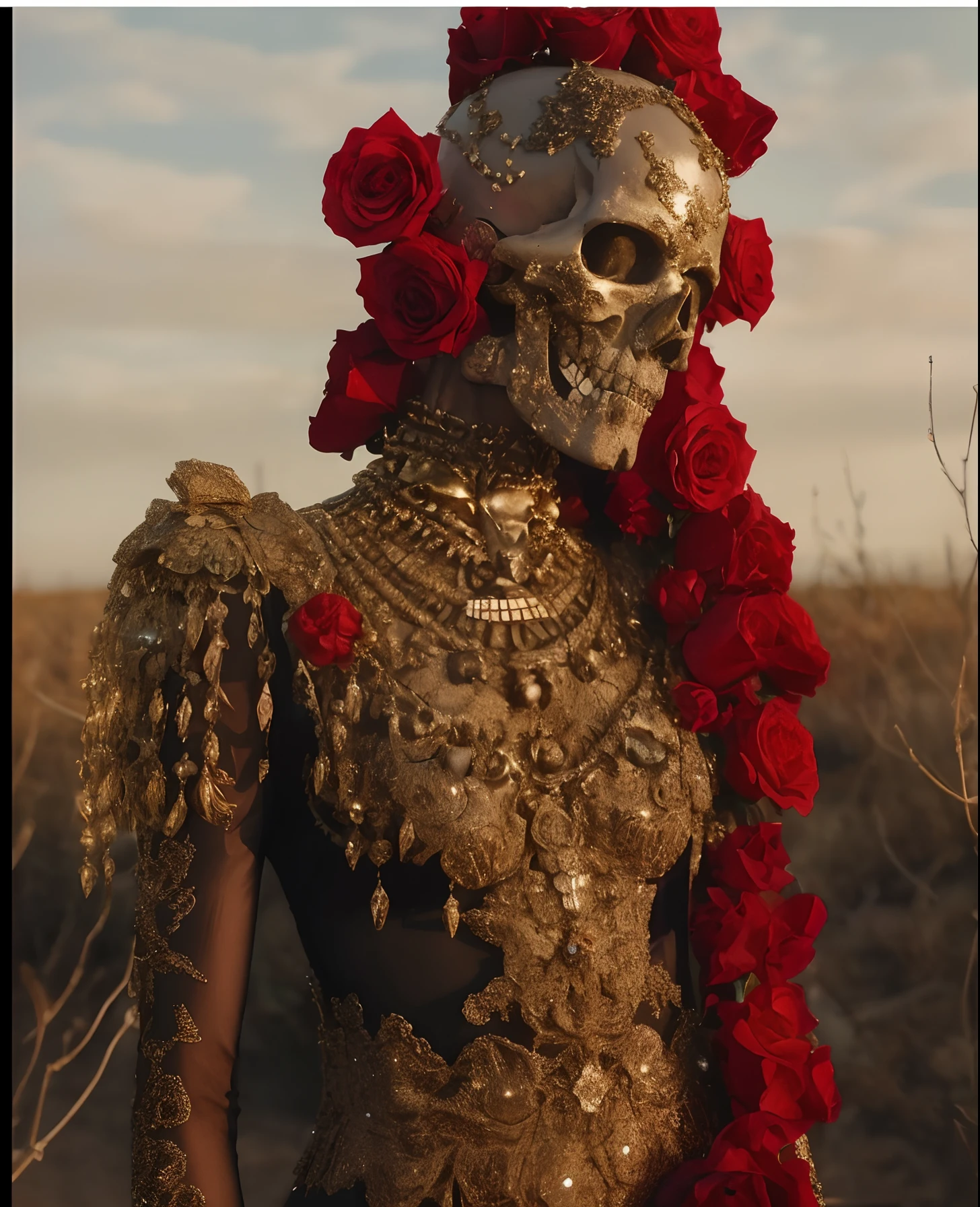(Roses grow in the skull,Dressed in gold and red costume with roses:1.37), inspired by Hedi Xandt,Jour des morts. 8 k'', (Jour des morts),Style fusion, (Skeleton and a half), (The skeleton blends perfectly with the clothes:1.37),still from a music video, Skeleton made of red roses,. rosette,(Desert background:1.37)