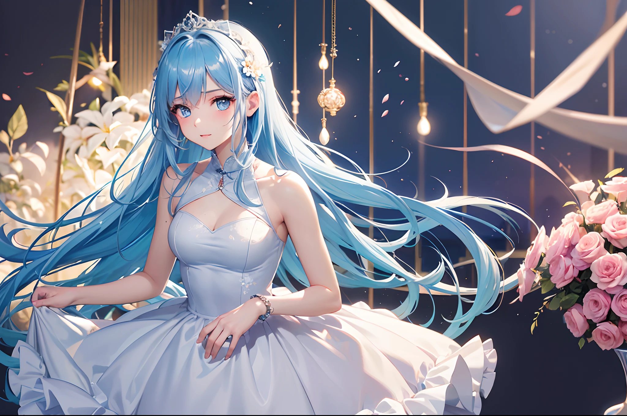 Sky blue hair, (Braided Ponytail),(Pink Eyes),Fair skin ,(whole body),(One girl),bride,A big smile,Straight bangs, 6月のbride,Wedding dress,(masterpiece, Highest quality, Very detailed, Best Shadow), (Detailed Background), (Beautifully detailed face), High Contrast, (Best lighting, Very delicate and beautiful), ((Cinematic Light)), colorful, Hyper Detail, Dramatic Light, Intricate details,Chapel background,Bouquet of roses,Ring on left ring finger,
