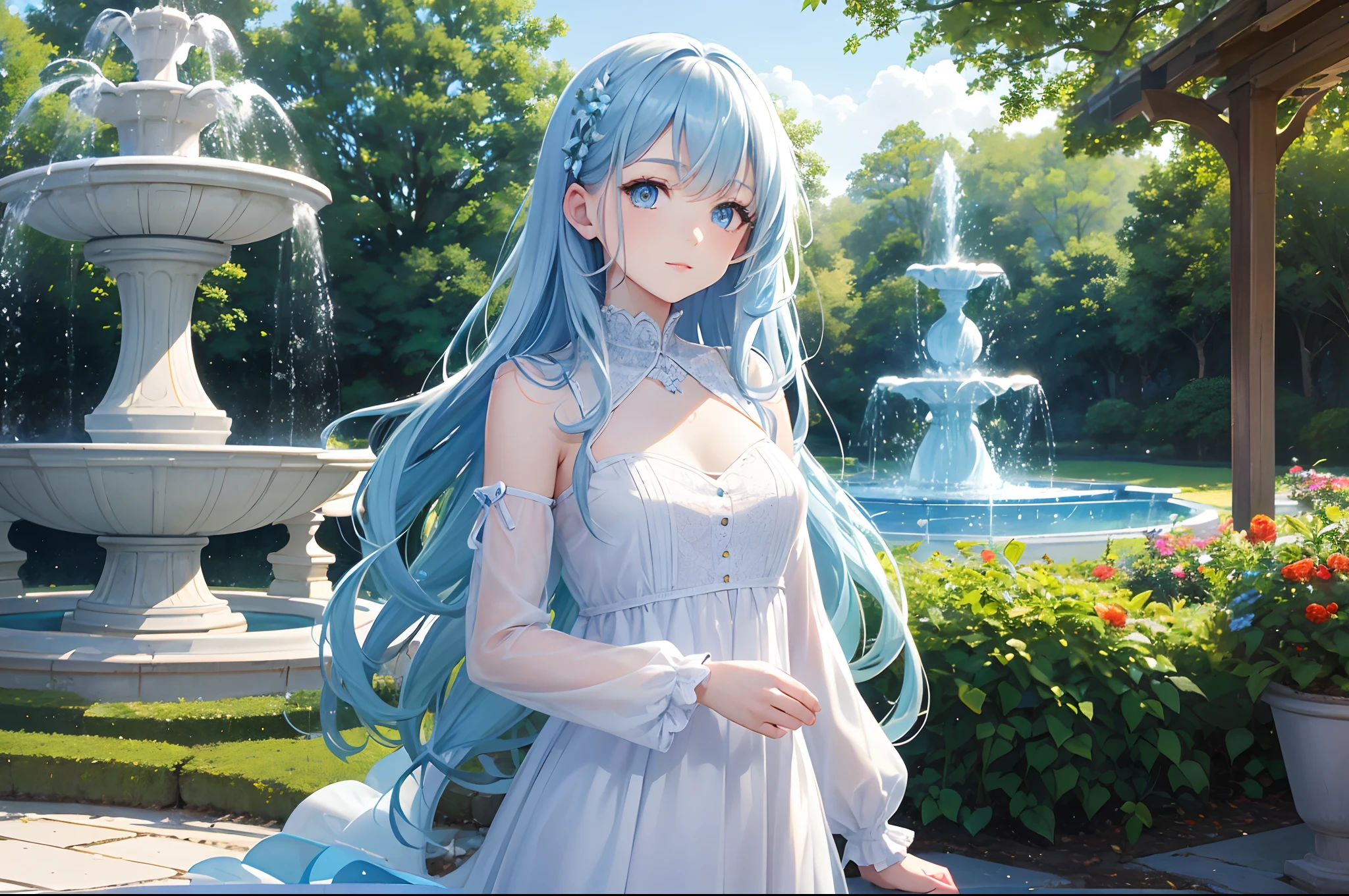 Best Quality, tmasterpiece, 20-year-old cute girl, Long light blue hair, e Blue Eyes, Garden with fountain, gentle face, Wear a floral long-sleeved dress, Show your upper body, Shining sunlight