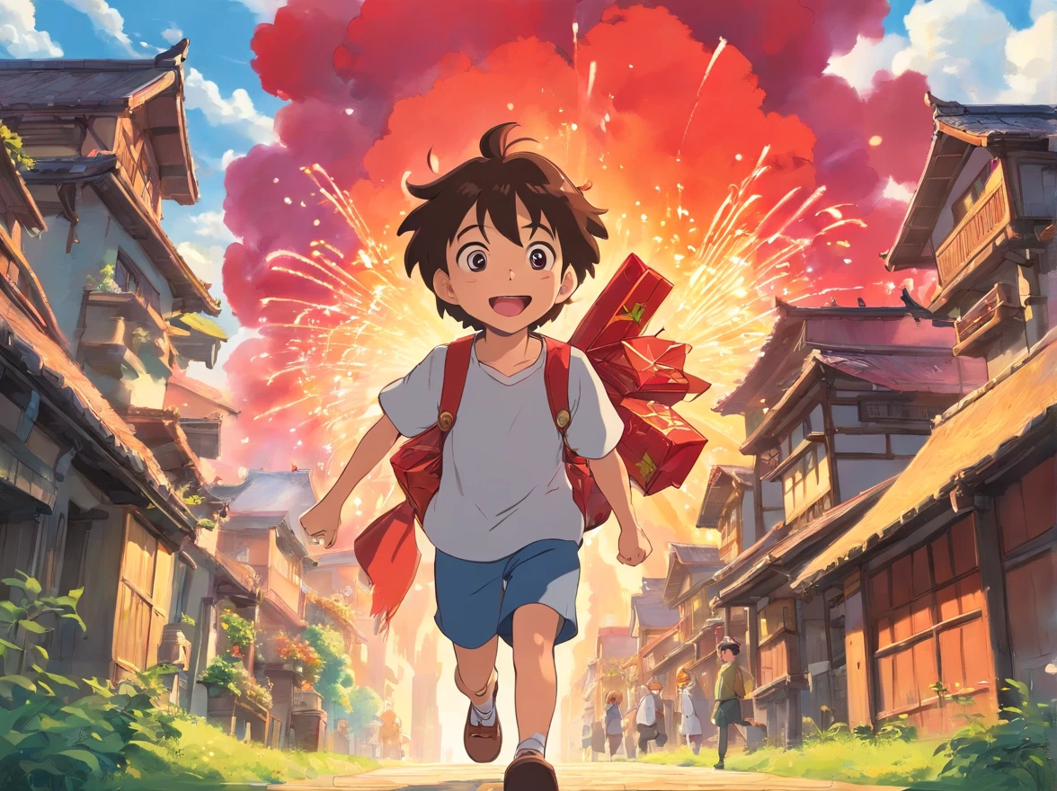 Picture book characters、A 15-year-old boy、Red firecrackers in hand、Positive perspective、Village background、Take risks、Ghibli style、Humanity、
