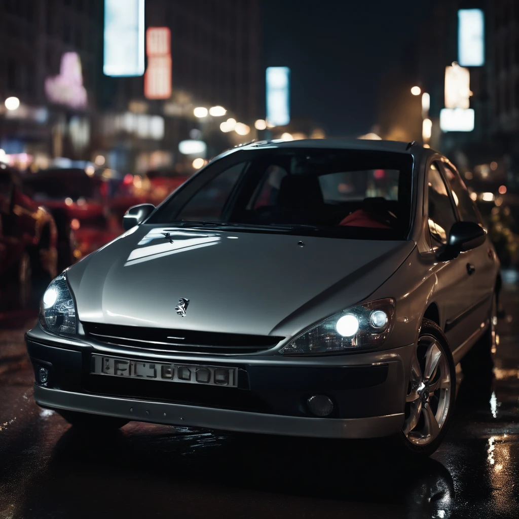 Une Peugeot 307 de couleur gris avec des modifications dans le style du retour vers le futur avec des jantes sombres, Driving in a city full of neon in the style of the United States in the 50s, Pluie, Nuit,