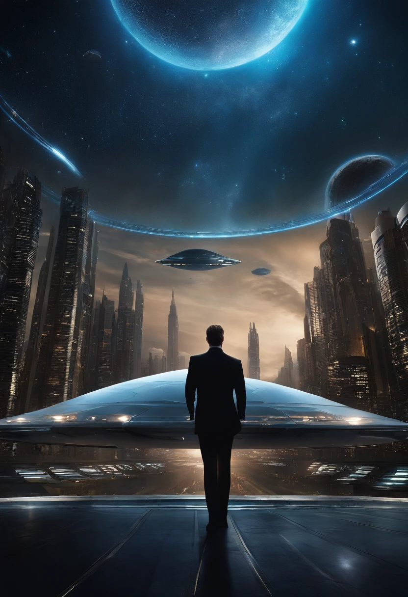 "Imagine an iconic scene from a sci-fi movie. The scenery is a futuristic landscape, With shimmering skyscrapers and flying vehicles crisscrossing the sky. No centro da cena, o protagonista, interpretado por Keanu Reeves, is standing, com um olhar determinado, segurando uma misteriosa maleta que emite uma luz azul intensa. Ao fundo, you can see Charlize Theron, vestida com um traje espacial elegante, observando-o com curiosidade. Acima deles, The night sky is filled with bright stars and constellations. Add the movie title in futuristic letters: 'The Fate of the Galaxy'. Create an image that conveys all the drama and mystery of this epic scene."
