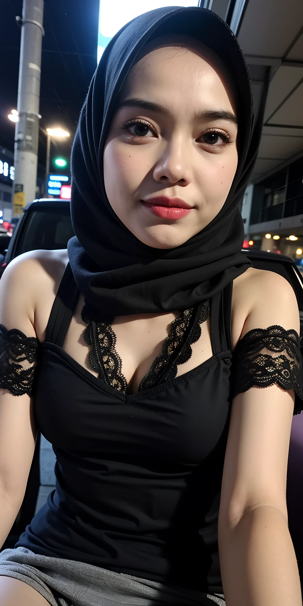 Arafed woman in black top sitting on a bench in a city SeaArt AI