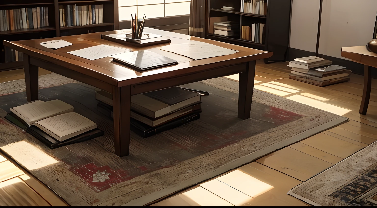In the center of the room is a low, wooden table with a kotatsu, On top of the kotatsu, you see an open book with handwritten notes, as well as a pencil resting beside it. The book and pencil appear to be well-used, indicating a habit of studying or creative work. The scene is peaceful, with only the slight sounds of your movements in the room. There is something inviting about the atmosphere, as if the room were a safe space for studying or creative work.