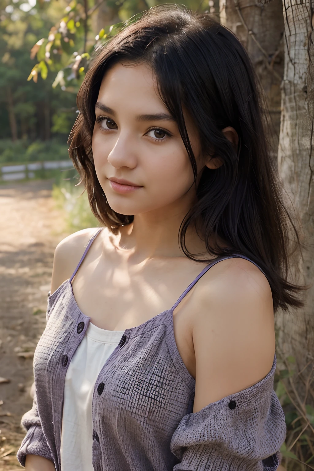 can you draw a picture of a girl with shoulder length black hair, brown eyes, stubby nose, with a nature background, and lavender clothes