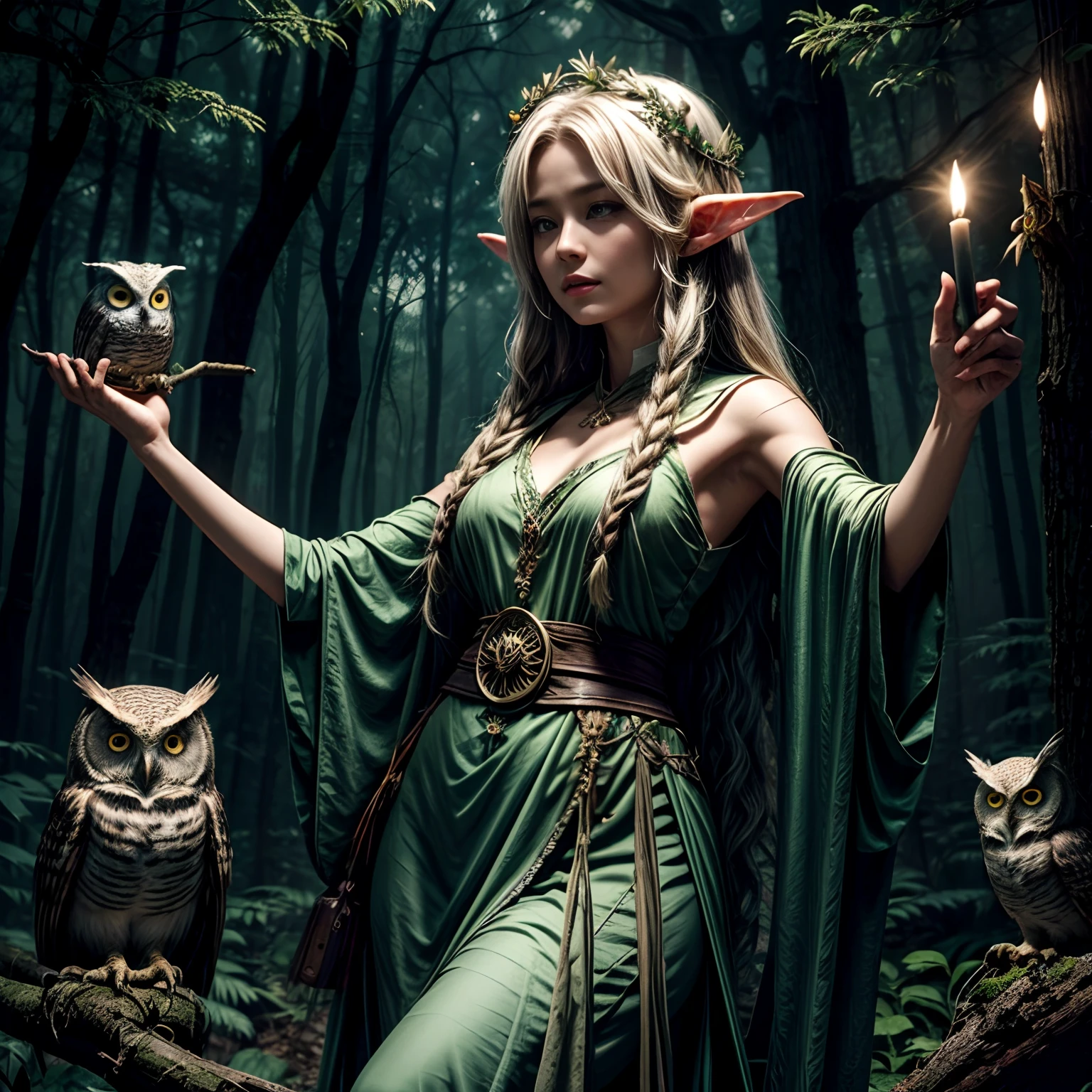 forest at night、Elven sage with owl on outstretched arm stands