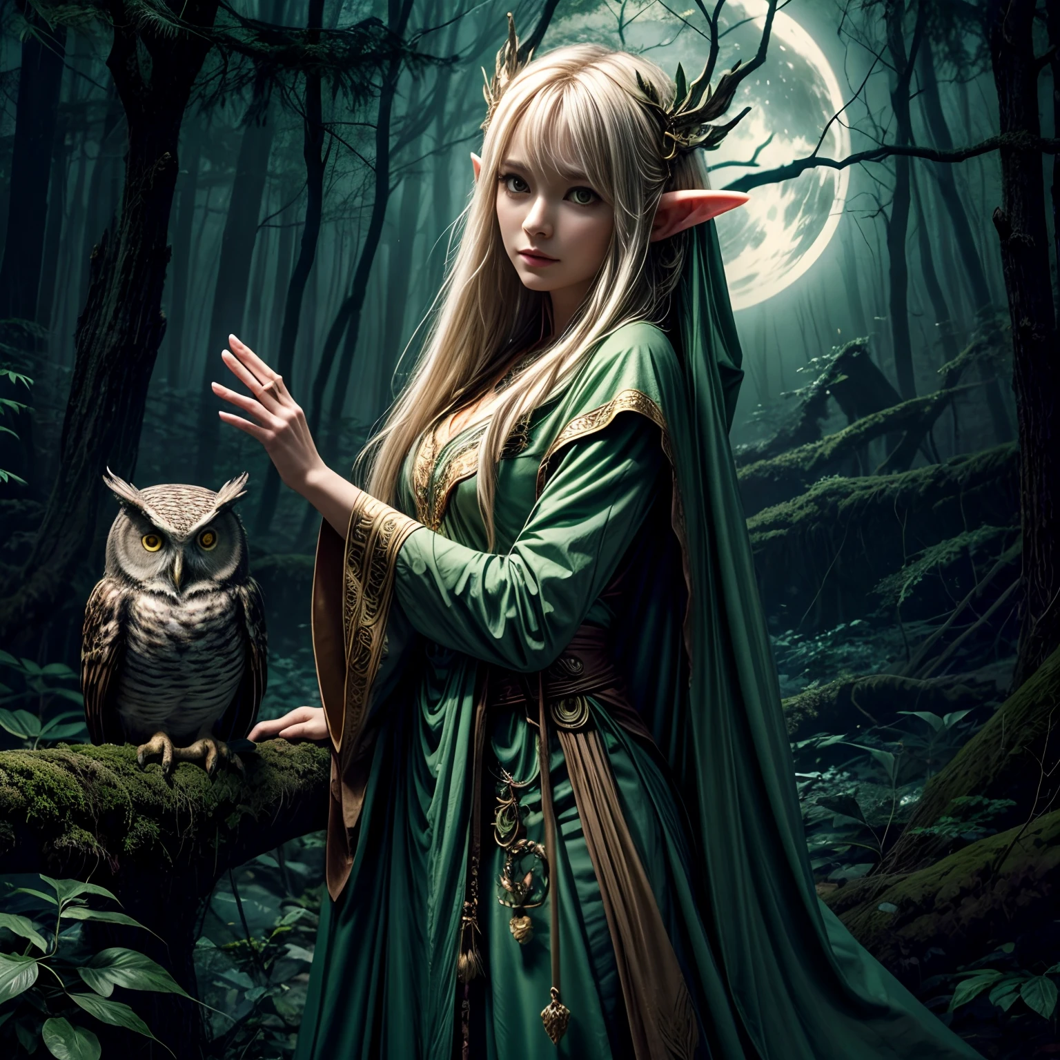 forest at night、Elven sage with owl on outstretched arm stands