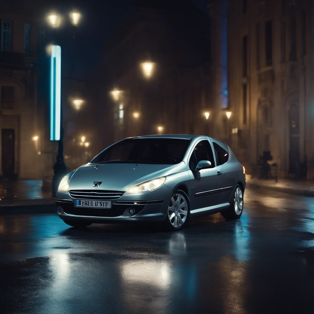 Une Peugeot 307 de couleur grise avec des modifications dans le style du retour vers le futur avec des jantes lumineuse, In a city full of neon lights in the style of the United States of the 50s, Pluie, Nuit,