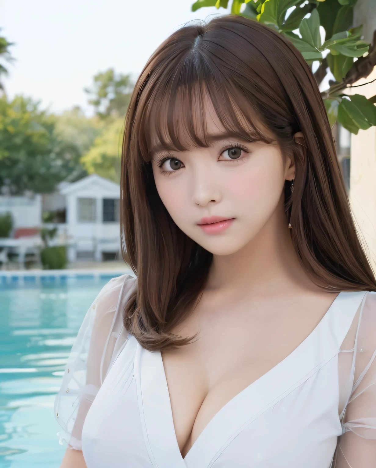 pureerosface_v1, top-quality, Photorealsitic, 8K, hight resolution, 1girl in, femele, (Skindentation), (portlate:0.6), a gorgeous, dynamicposes, ((poolsidebackground:1.6)), coconut tree, ((Medium Size Round Breast, White blouse:1.4)), straight look at viewer:1.8, (1 Girl's eyes looking at the viewer, medium lenght hair, brown haired, Putted Bangs:1.65), (bokeh dof), (Keep your mouth shut:1.46),