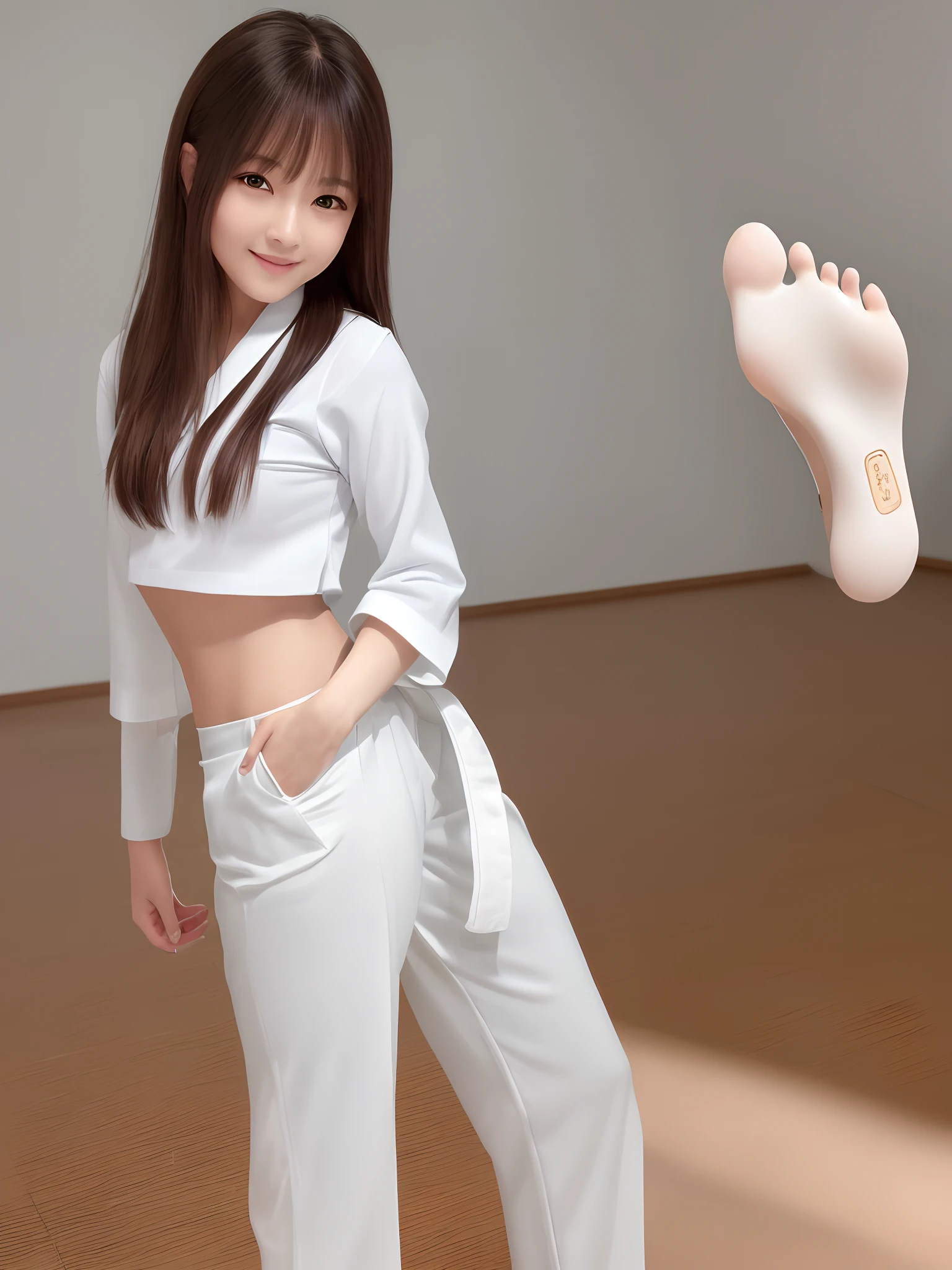 (Photorealsitic)(sixteen years old), Perfectly beautiful woman, (Full body 8K portrait), Large and dynamic hand and foot movements, White Karate Uniform, White karate pants, Large bust,Stand alone, Large and dynamic hand and foot movements, Make a high side kick, Correct skeleton, Perfect facial detail, (Smile: 1.15), attractive beautiful face, gazing at viewer, a small face, 二重まぶた, Beautiful detailed eyes, long eyeslashes, ligh brown hair, poneyTail, Toned waist, Beautiful thin legs, toned ankles, bare-legged ,TOKYOcty