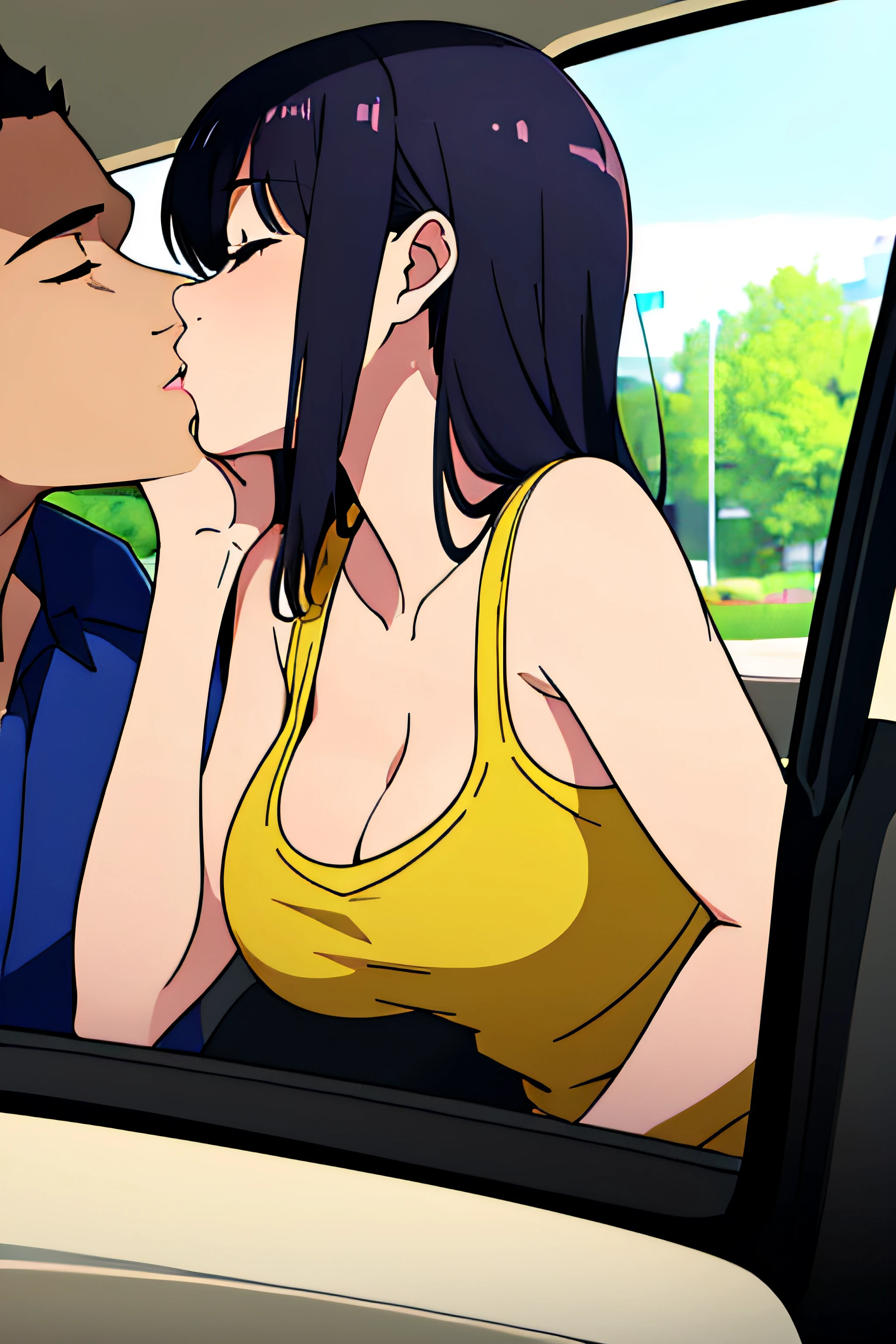 ((Masterpiece, Best quality:1.2)A man and a woman kiss in a car、Car cab