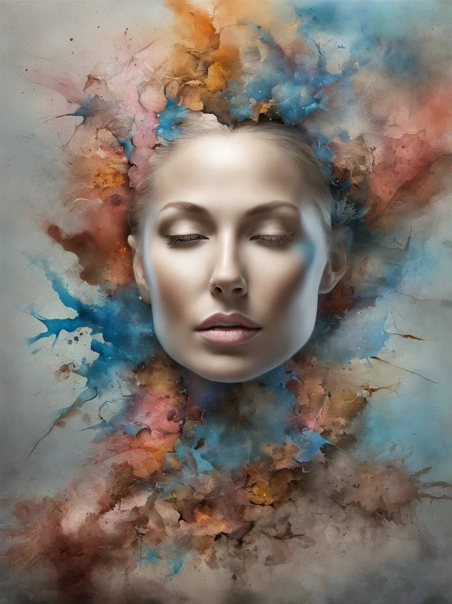 3D Puzzles , Beauty-Looks  , Rothaarige, Explosiver Gefechtskopf, Maschinenteile, die in das Gesicht eingebettet sind, Transient, inspiriert von Igor Morski, Dramatisches Kunstwerk, Fotomanipulation, Foto-Manipulation, Zerfall, Explosion von Datenfragmenten, Hm, Offizielle Kunst, Unglaublich hohe Details, Photoshop-Kunst, Rauscheffekt, light blue, auch rosa