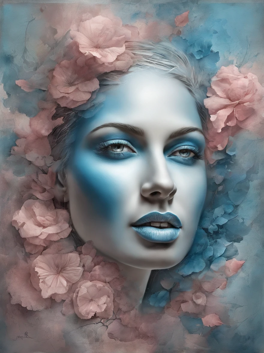 3D Puzzles , Beauty-Looks , Rothaarige, Explosiver Gefechtskopf, Maschinenteile, die in das Gesicht eingebettet sind, Transient, inspiriert von Igor Morski, Dramatisches Kunstwerk, Fotomanipulation, Foto-Manipulation, Zerfall, Explosion von Datenfragmenten, Hm, Offizielle Kunst, Unglaublich hohe Details, Photoshop-Kunst, Rauscheffekt, light blue, auch rosa