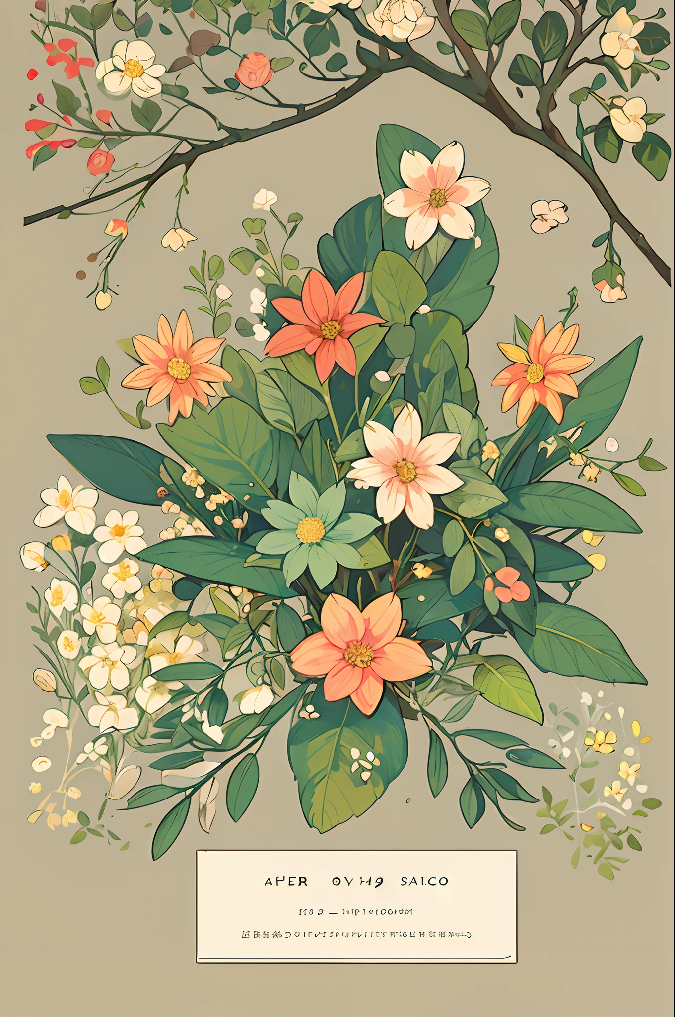 Slight vintage color,planar,,RISO print style,illustration,adolable,Leave white space,low-saturation,Lots of flowers，Individually arranged，leafs，branches，Printing， a sticker，Random distribution，Lovely drawing style， Color guide，Graphic design，Carpet pattern，（solid color backdrop）