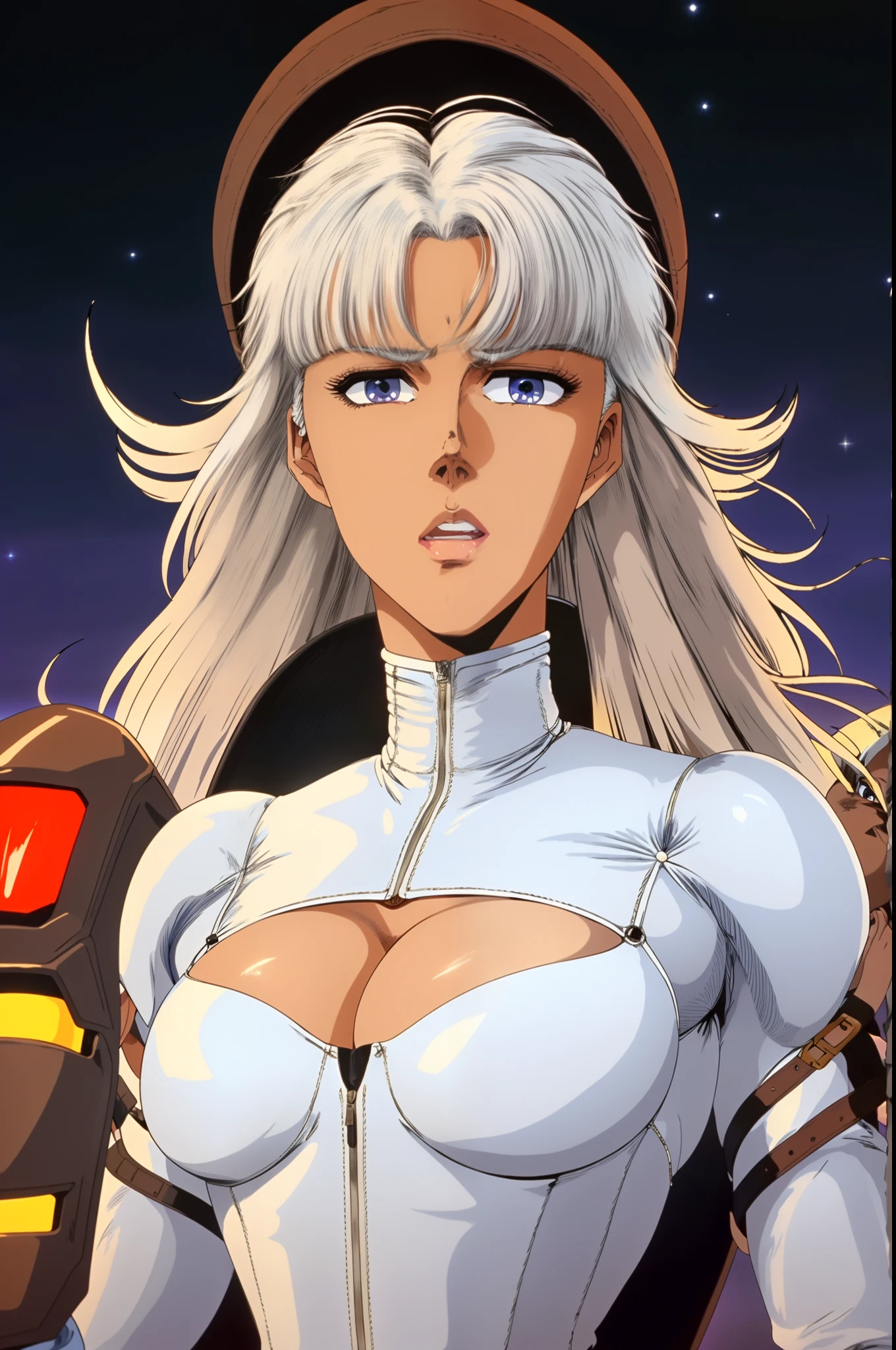 closeup of a female with dark skin, white hair, with a serious expression, wearing a black leather jacket, and a black tube bra, looking at something, at night, HNKstyle, 80's anime,