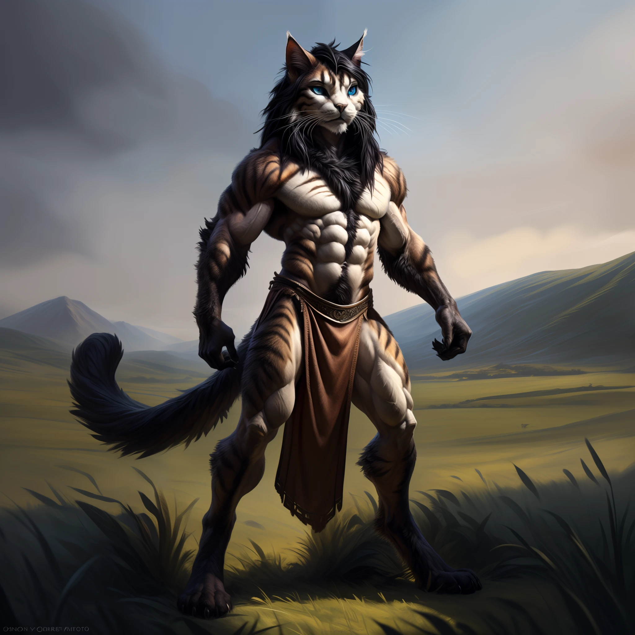 ((Solo)), male, anthro maine coon, heroic character, (blackwhite-colored fur, White-black:1.3), ((cat face, dark hair, Big blue eyes, White eyelids, muscular:1.5) (Tough, Calm expression:1.2)), Abs, mesomorph, pinging)), (Correct anatomy), (elegant), (muscular groin), (very slim waist), (Contour bone:1.2), naked, (detailed body),one big tail,(((long legs))), Feet,brown loincloth, (Realistic fur, Detailed fur texture, labeled:1.3)), (Natural lighting), Photorealistic, Hyperrealistic, ultradetailed, by Bonifasko, Ruan Jia, ross tran, Kenket,green field,No artificiality,erect through