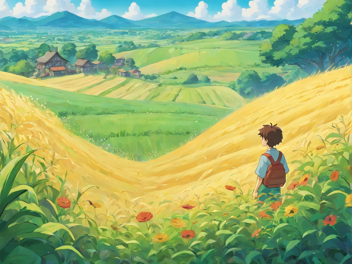 Picture book characters、A -yeld boooks out in the field,Positive perspective、There are many farmers working in the field background、Take risks、Ghibli style、Humanity