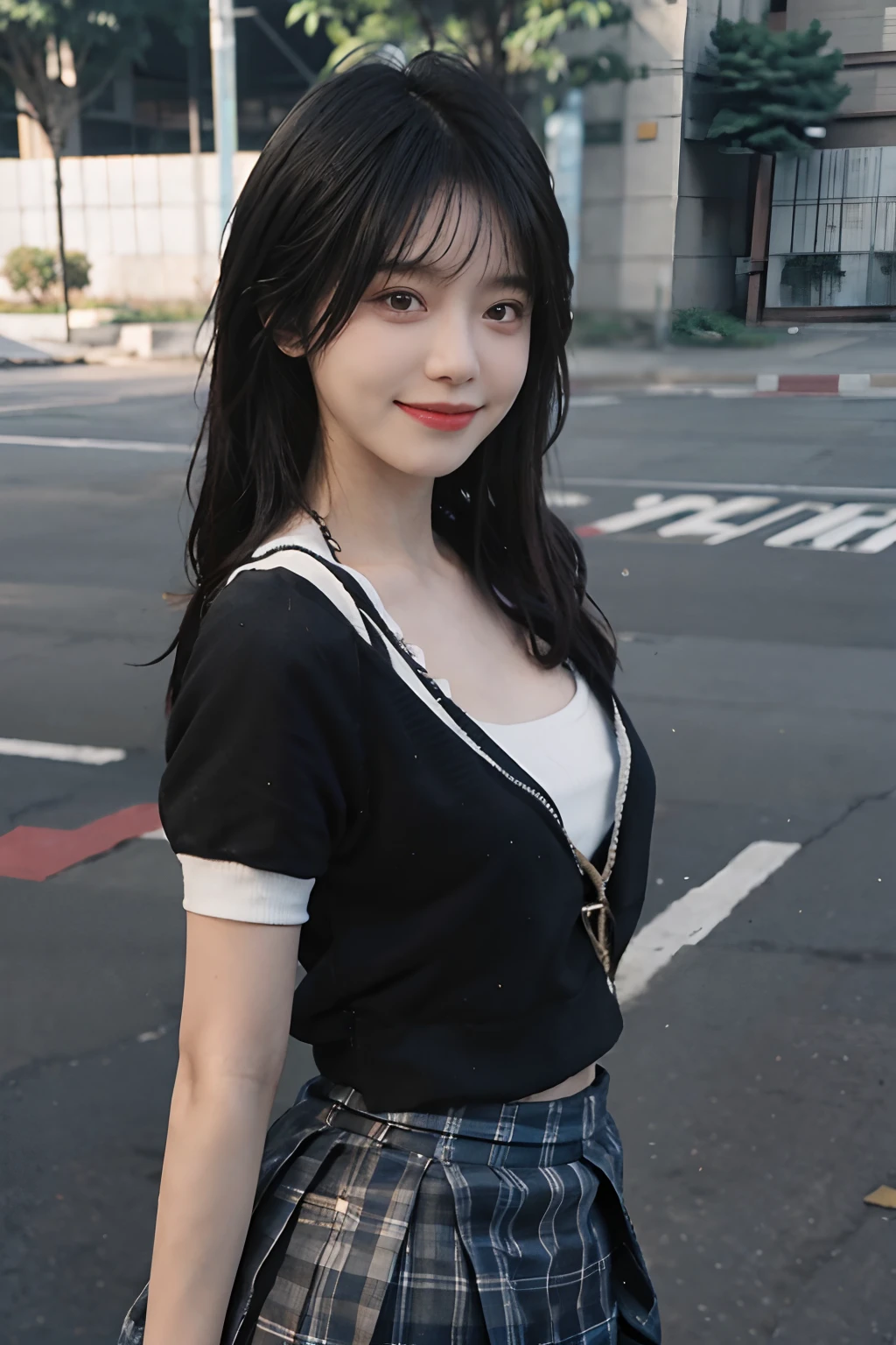 girl, school ground,ssmile,a skirt, 8K, closeup cleavage, best qualtiy, tmasterpiece, realisticlying, photograph realistic,Textured skin,The background is real,Real face