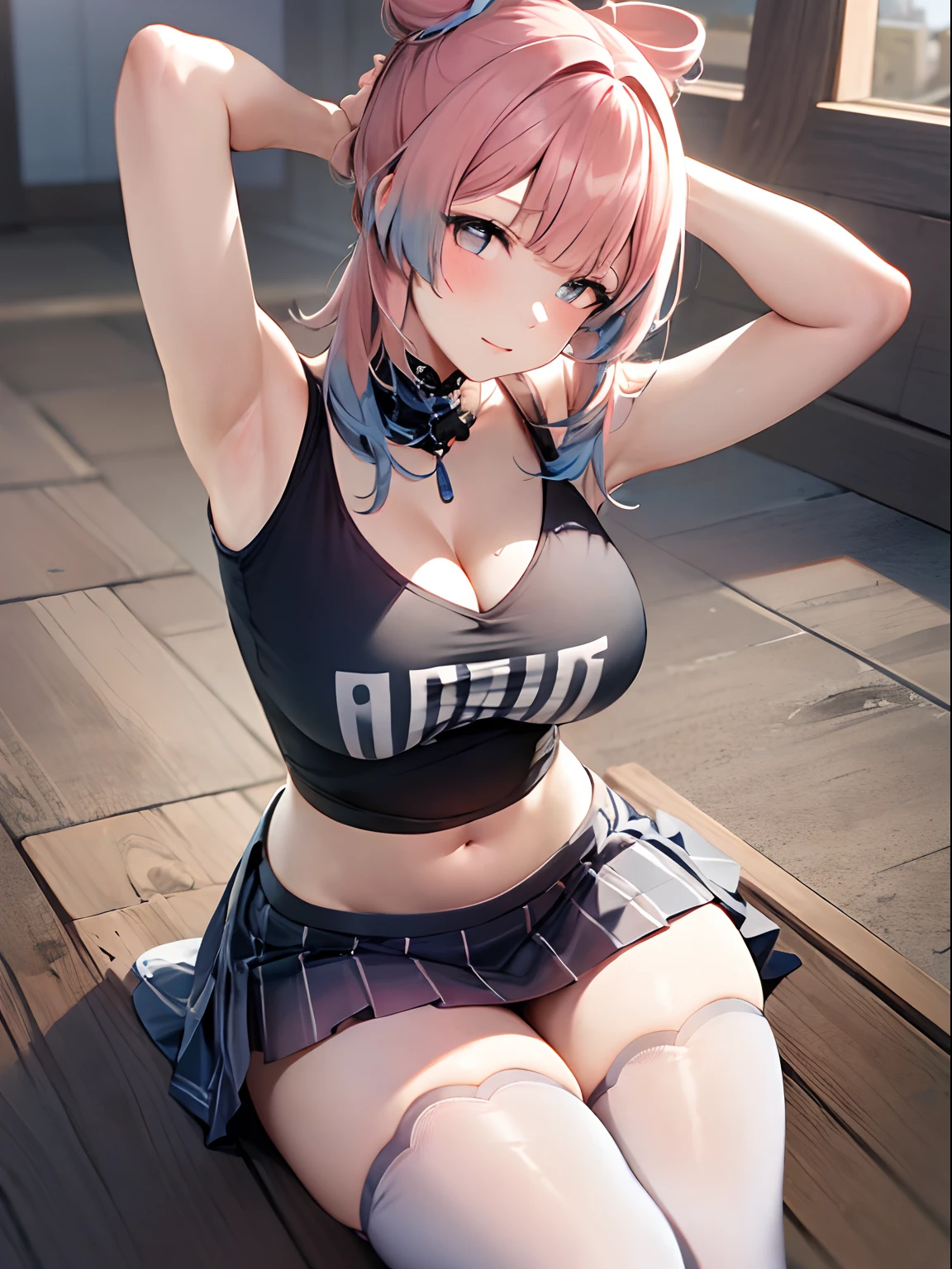 Best Quality, Pink hair, big breasts, cleavage, Navel, t-shirt, ((bun)),clothes lift, skirt, lying, Full body, perfect body ,sitting, Armpit