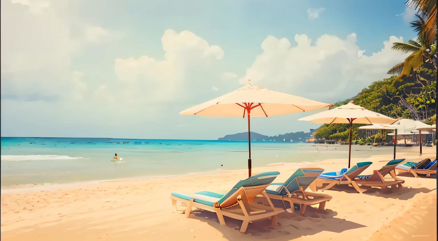 There are many chairs and umbrellas on the beach near the water's edge, beach setting, is relaxing on a beach, Calm beach environment, sunny day at beach, Beach background, relaxing on the beach, it's is relaxing on a beach, relaxing on the beach, shutterstock, on a tropical beach, Beach Setting Medium Shot, istock, Sandy beach, Beautiful beach