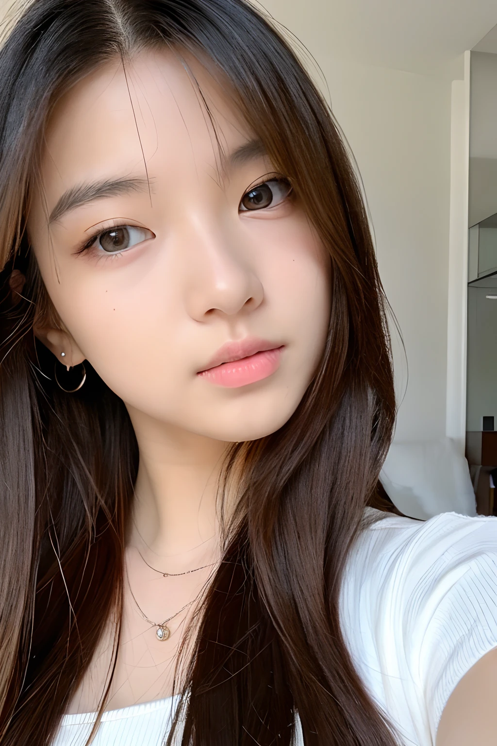 18-year-old girl, long hair, white top. closeup shot.
