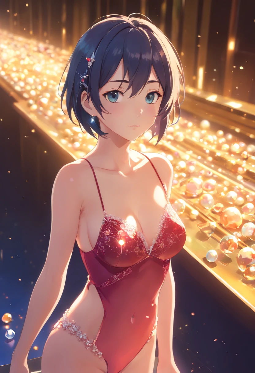 (Unbeatable masterpiece, Side light, Fine and detailed beautiful eyes: 1.2), Ultra-realistic 8K CG, Perfect artwork, Upper body, Shiny hair, Glowing eyes, Shiny skin, Realistic, 3D face, underbust, Huge breasts, perfect women figure, Mature female, A MILF, Narrow waist, Looking at the audience, Lace, Lace trim, Seductive pose, Sexy pose, Seductive, prestige, Gorgeous, luxury goods, jewelry, Gemstones, gold, Silver, diamonds, glitters, Sapphire, Ruby, Emerald, the pearl, amber, obsidian,