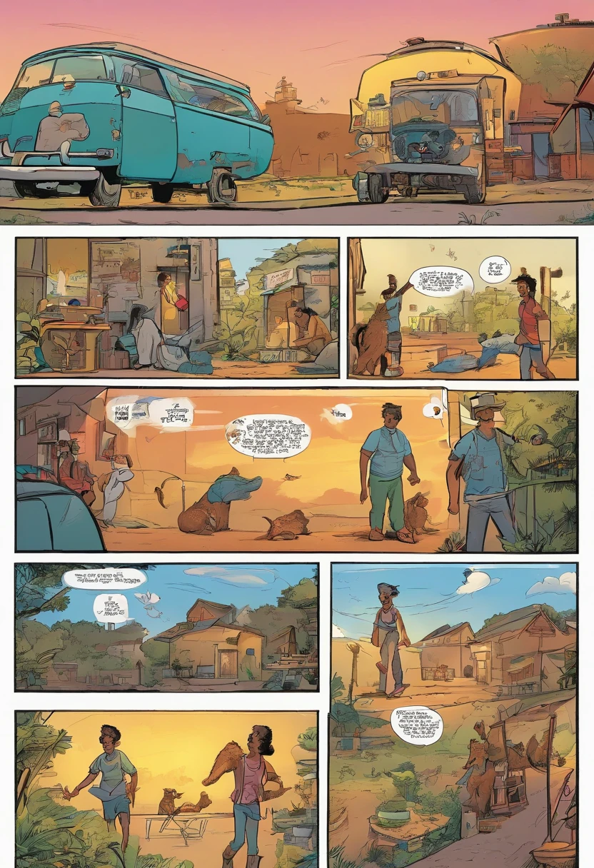 Quadrinhos americanos faroeste, The comic is presented in several irregular panels with colors. The short-haired American cat struggles as it runs away from home and then reunites with its owner. The style is exaggerated and detailed