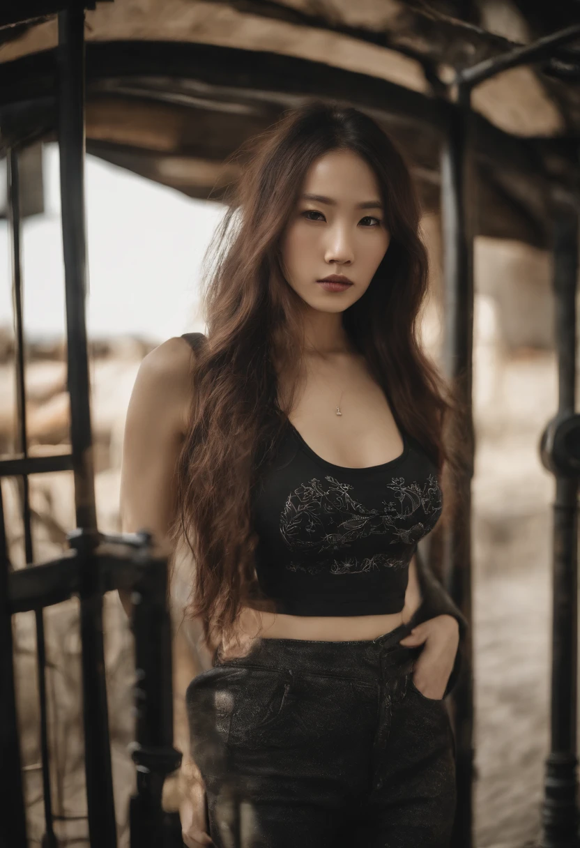 full length of a young ite heavily tattooed korean girl with enormously long hair, highly detailed beautiful flirty face, leaning forward, arched back, tall, slender, skinny tights, slim waist, sleeveless crop hoodie, exposed midriff, sexy risqué low waste cut off ultra-micro shorts, high stockings, natural breasts, small ass