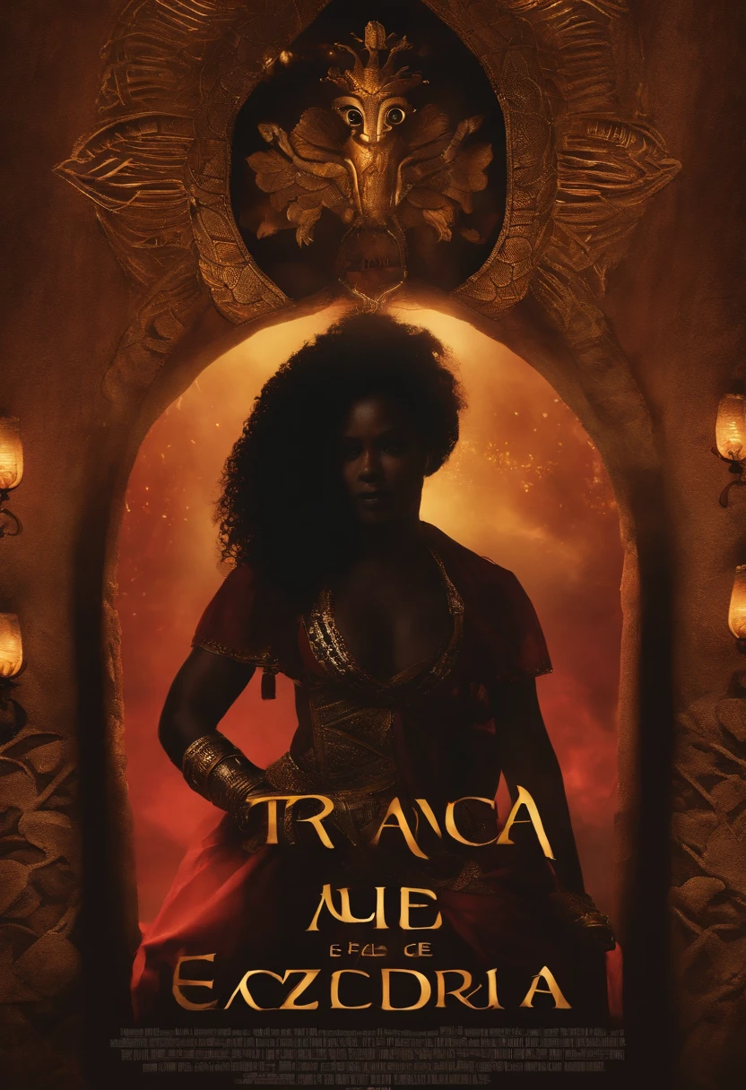 "Create a stunning film cover that captures the essence and mystery of Exú Tranca Rua, One of the most iconic orishas of Afro-Brazilian culture. A imagem deve ter um fundo escuro, com chamas ardentes ao redor, representing the connection with fire and energy. No centro da imagem, Featured Exú Tranca Rua, dressed in elegant clothes and a characteristic hat, segurando um cajado enfeitado com fitas coloridas. Seu olhar deve transmitir poder e sabedoria.Add symbolic elements, como uma tridente, um saco de moedas e uma chave, which are attributes associated with Exú Tranca Rua. Also include an aura of mystery and magic that surrounds the character, With little sparks of energy flowing around you.
The title of the film, 'The Guardian of the Crossroads', deve ser colocado em letras douradas e estilizadas na parte superior da imagem, Evoking the grandeur of the Orisha. Certifique-se de criar uma capa que seja cativante e respeitosa, conveying the importance and fascination surrounding Exú Tranca Rua."