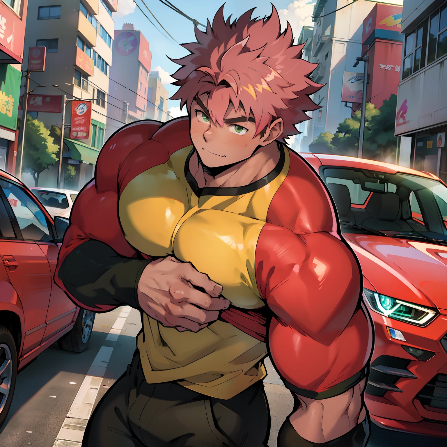 ((Anime style art)), Extremely muscular masculine character, tan skin,  rainbow hair,  green eyes s, bodybuilder body, pink dress shirt, ((flaming hands)) futuristic crystal rustic cityscape, Busy route, Buildings, person
AS & Vehicles. Main character from the anime, suoerhery, Nice image, Hard drive, 4k, Main character