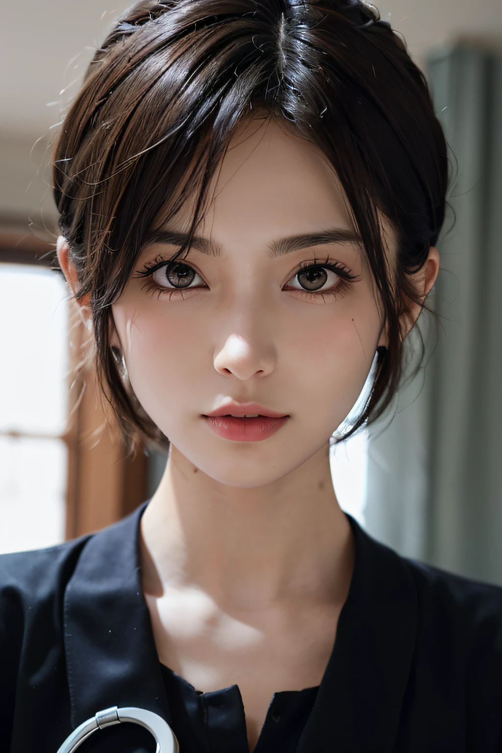 (masuter piece:1.3)、(8K、Photorealsitic、Raw photography、top-quality: 1.4)、(1girl in)、beautiful countenance、(Lifelike face)、(A dark-haired、short-hair:1.6)、Beautiful hairstyle、realisticeyes、Beautiful details、（real looking skin）、Beautiful skins、（Nurse Uniform 1.6）、absurderes、enticing、超A high resolution、A hyper-realistic、high-detail、the golden ratio