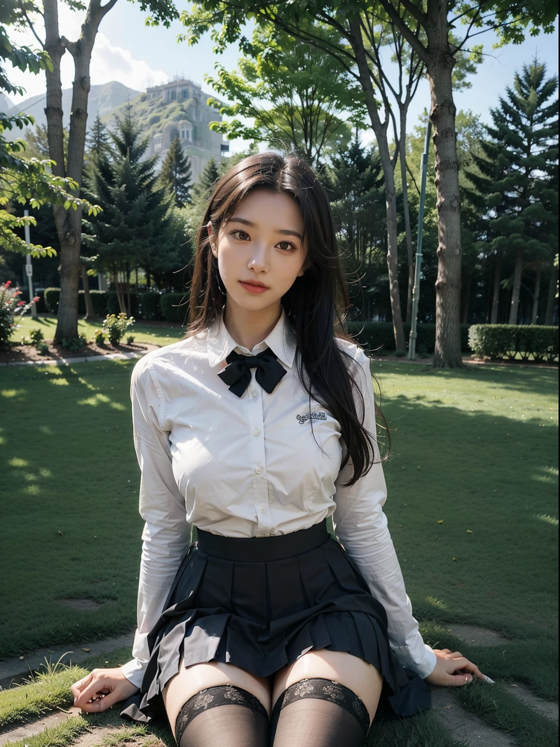 1 girl with shiny skin sitting on the park grass,parks,Meadows full of flowers,best qualtiy,tmasterpiece,(Photorealsitic:1.4),breast enhancement,reality,8K quality,Super detail,fine detail skin,Movie Angle,cinematic textures,Movie lighting,Masterpiece,Best picture quality,black lence stockings ,wearing skirt and high socks, of a schoolgirl posing, School uniforms, realisticlying