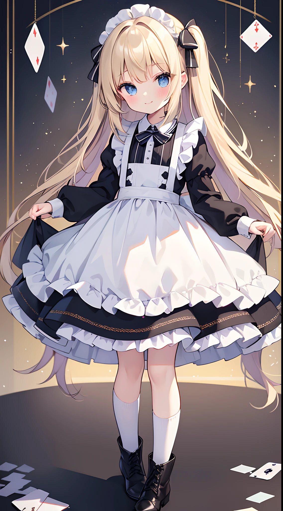 (top-quality), (​masterpiece)、(ultla detailed)、(Beautiful girl alone:1.3)、Lori、cute little、(Alice)、Apron Dresses、Playing cards in the air、a blond、(blue eyess)、A smile、(ar old:1.3)、Medium chest、(Very energetic)、(Straight hair:1.3)、Floating hair、(Longhaire:1.3)、(Black boots)、(Long sleeves)、Wonderland、Dynamic Pose、white knee-socks、Low Heels