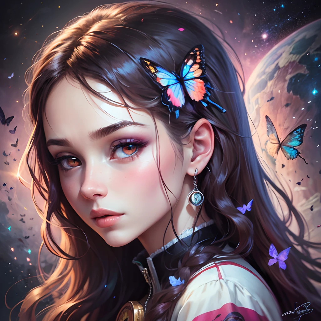 a painting of a woman with butterflies in her hair, a digital painting, inspired by Jeremiah Ketner, beautiful art uhd 4 k, neoartcore and charlie bowater, girl in space, roses in her hair, realistic anime artstyle, violet eyes --auto --s2