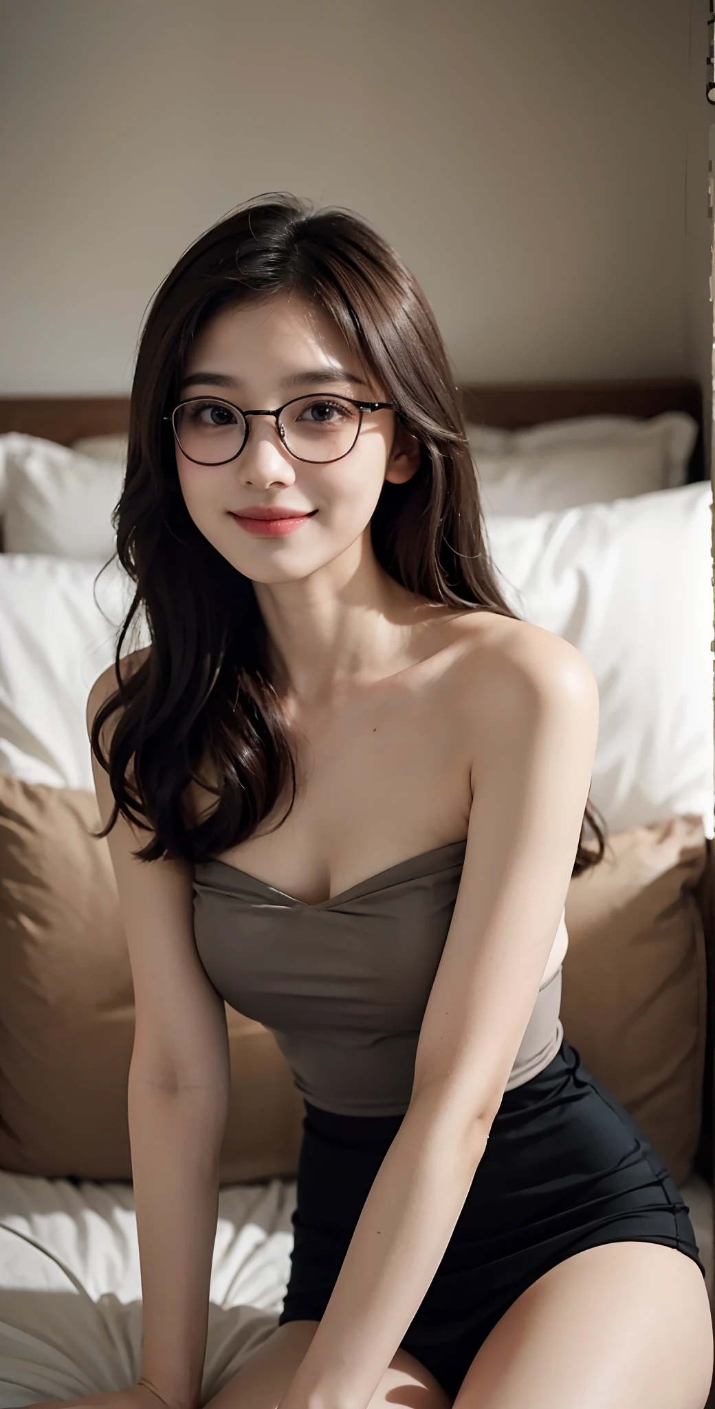 With glasses, wearing thin large round glasses, belle delphine, chiho, 19-year-old girl, with square glasses, young and cute girl, Yoshitomo Nara, f / 1. 9 6. 8 1 mm ISO 4 0, Best picture quality, Masterpiece, 超高分辨率, 8K, cleavage, Bigboobs, Bust details, hair detail, eye detailed, thin smile, Professional lighting,(Bandeau wedding dress),leotard skirt,