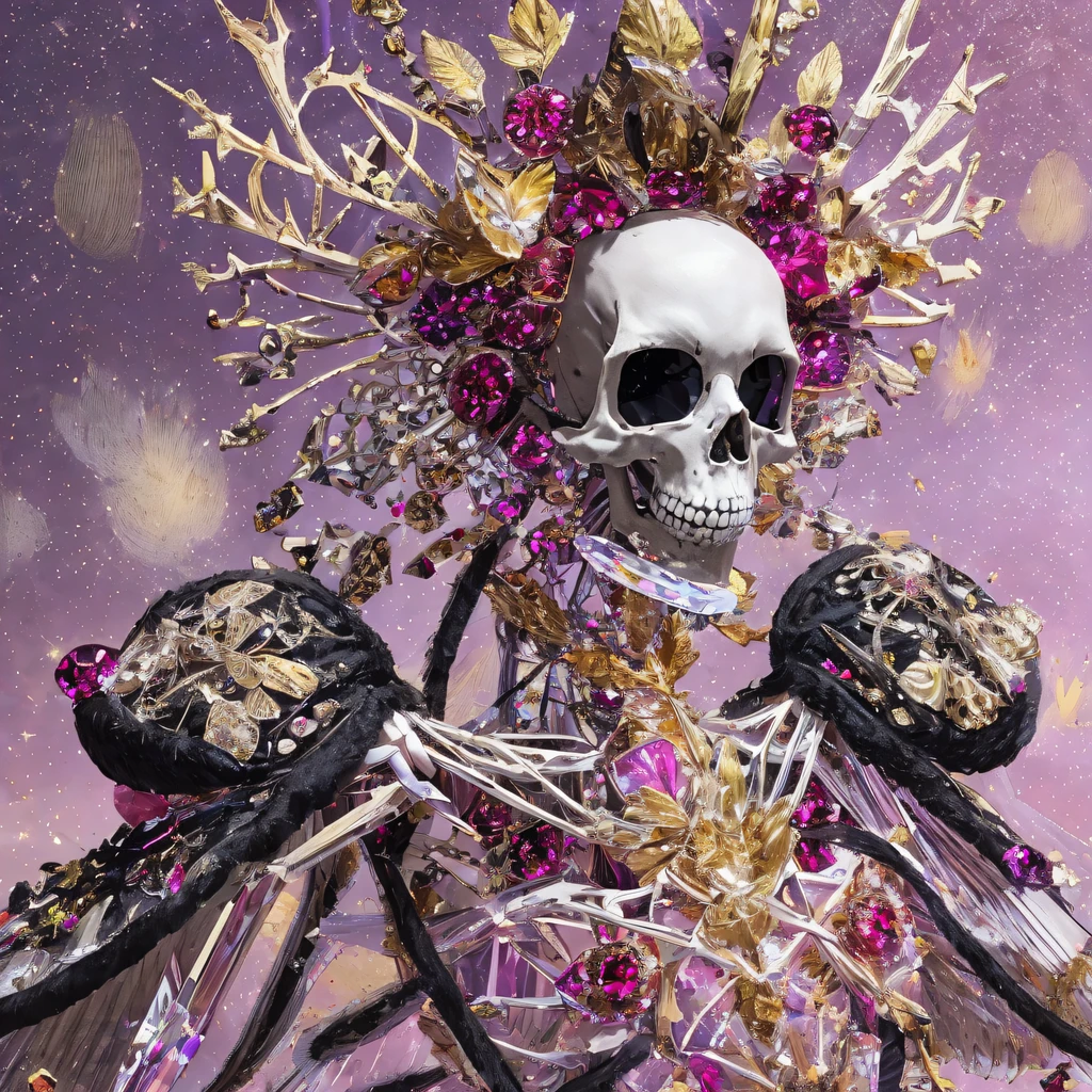 National style crystal skeleton circle,Flying nine-tailed fat skull flame ethereal toad star,Golden-black damask white rabbit fur bra,Fuchsia pink diamonds, Tulle burgundy diamond shin guard,Red crystal skeleton explosion 1:900 miniatures,Front view,Pure transparency,Wear boxing gloves,Ice is permeable to gas,Film light and shadow,Panorama ultra-wide angle,extremely happy,The texture of the real person is delicate,Strong visual impact,Hyper-detailing,Dream crystal skeleton,Refined face,prettyeyes,high saturated,Wear reflective sunglasses with a thick gold thread,crystal-clear,Good sense of perspective,Light and shadow effects,16K smooth,The surface is not well lit,Fluttering black hair crystal skeleton,((Crystal skeleton))