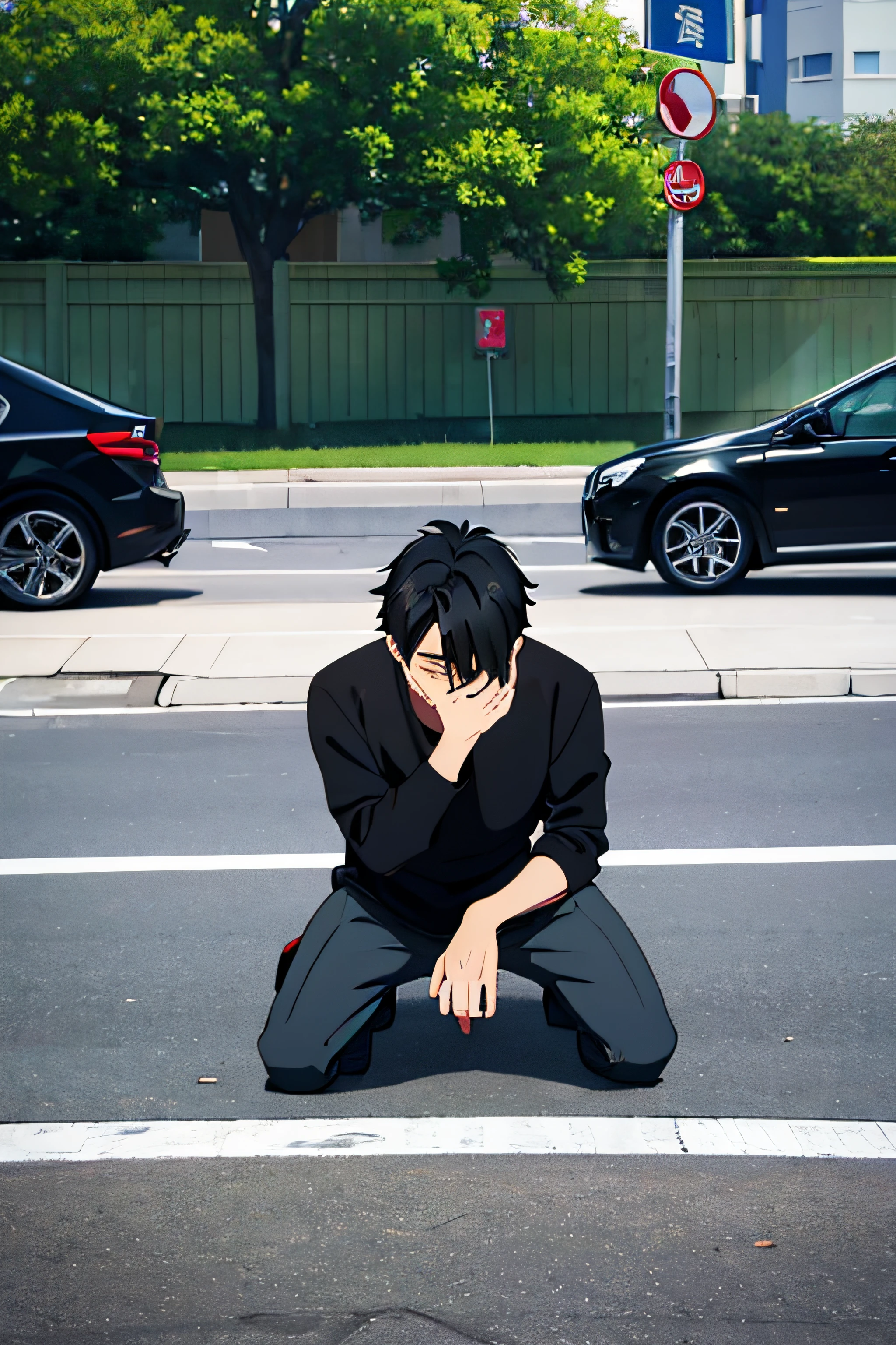 (Masterpiece, Best quality:1.2)of a guy,Black casual wear、Sad and tearful、On the street、Next to the car