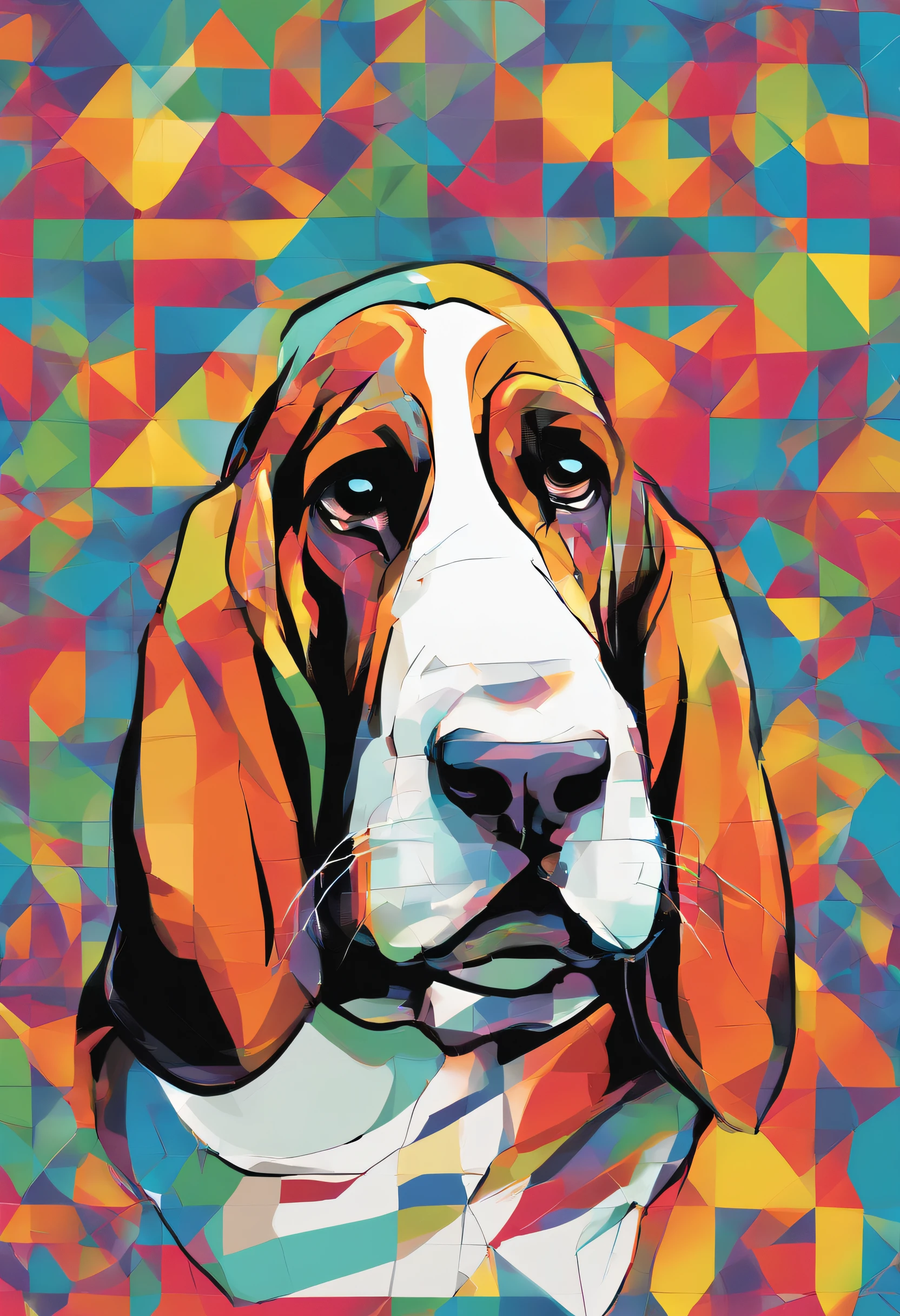 (cachorro Basset Hound  ),(melhor pose),(best angle), (better expression), Eduardo Kobra acolchoamento ,multidimensional geometric wall PORTRAIT, arte, Chibi,Yang08k, lindo, Colouring,