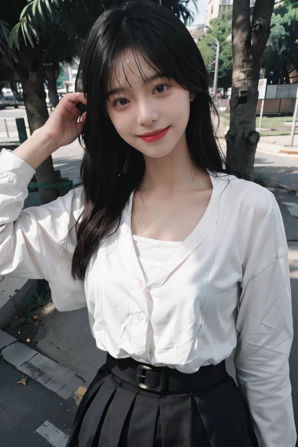 girl, school ground,ssmile,a skirt, 8K, closeup cleavage, best qualtiy, tmasterpiece, realisticlying, photograph realistic,Textured skin,The background is real,Real face