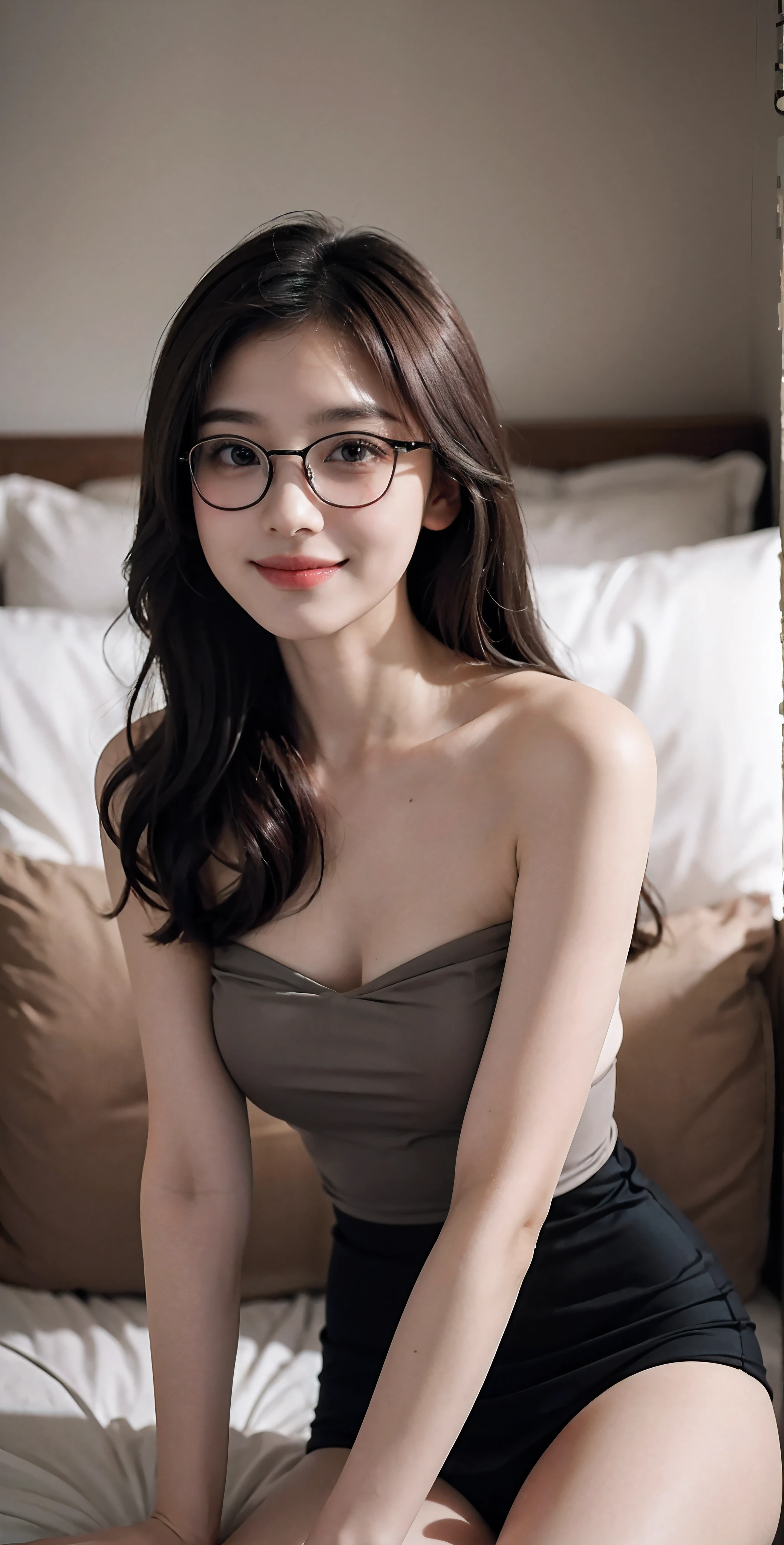 With glasses, wearing thin large round glasses, belle delphine, chiho, 19-year-old girl, with square glasses, young and cute girl, Yoshitomo Nara, f / 1. 9 6. 8 1 mm ISO 4 0, Best picture quality, Masterpiece, 超高分辨率, 8K, cleavage, Bigboobs, Bust details, hair detail, eye detailed, thin smile, Professional lighting,(Bandeau wedding dress),leotard skirt,